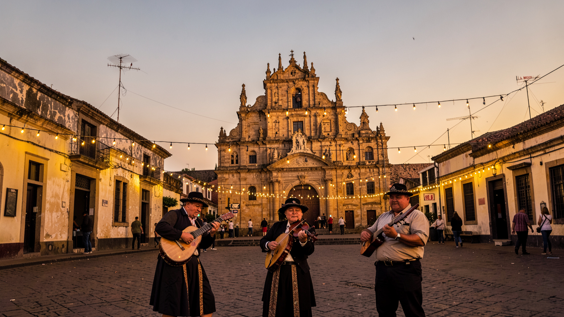 Colonial plaza and cathedral of San Luis Potosí at dusk with huasteco musicians playing in the foreground