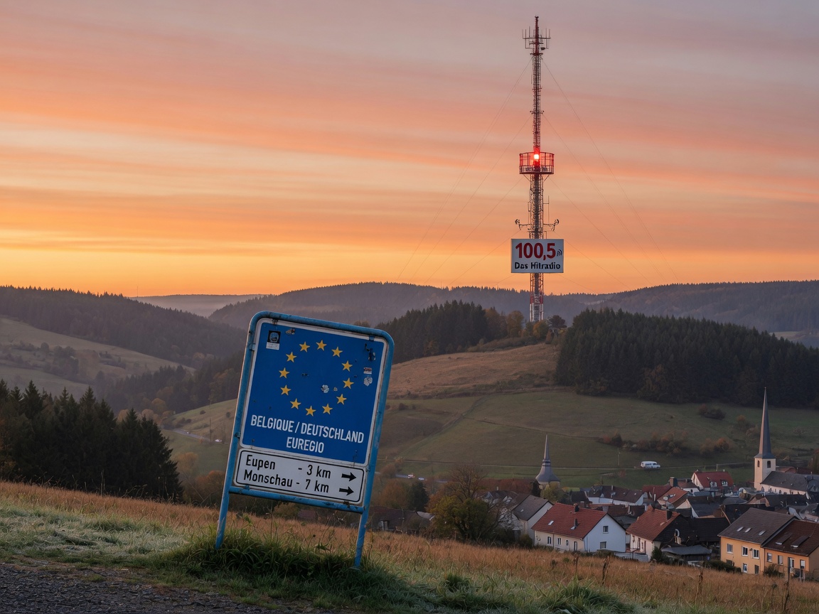 A radio broadcast tower rising over the rolling Eifel hills straddling the Belgian-German border near Eupen at sunrise
