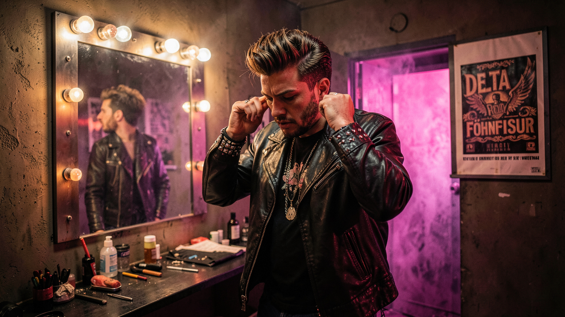 A backstage dressing room mirror with an 80s glam metal musician and a poster reading delta radio Föhnfrisur