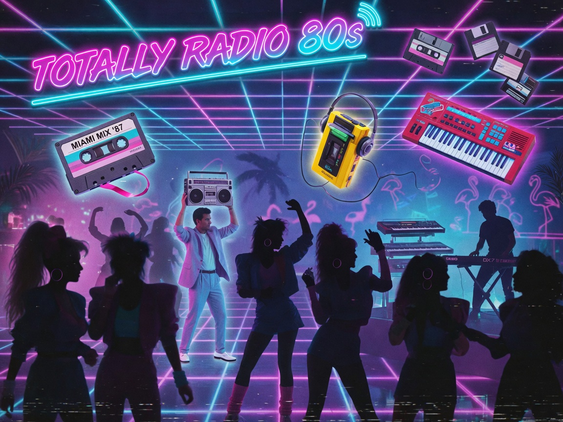 Neon 1980s dance party scene inspired by Totally Radio 80s