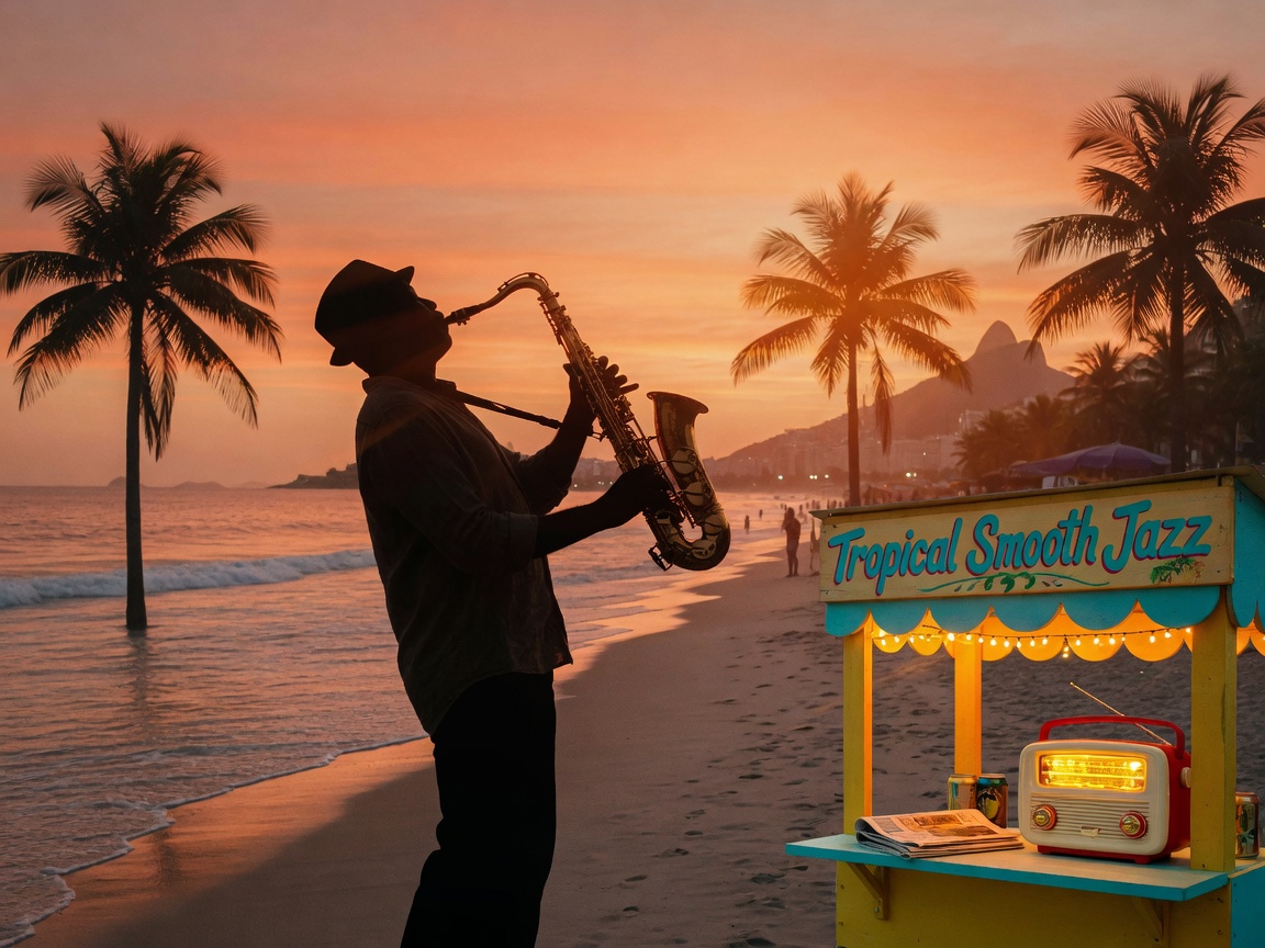 A saxophone player silhouetted against a warm sunset on Copacabana beach in Rio de Janeiro, a beachside kiosk radio glowing with a Tropical Smooth Jazz sign