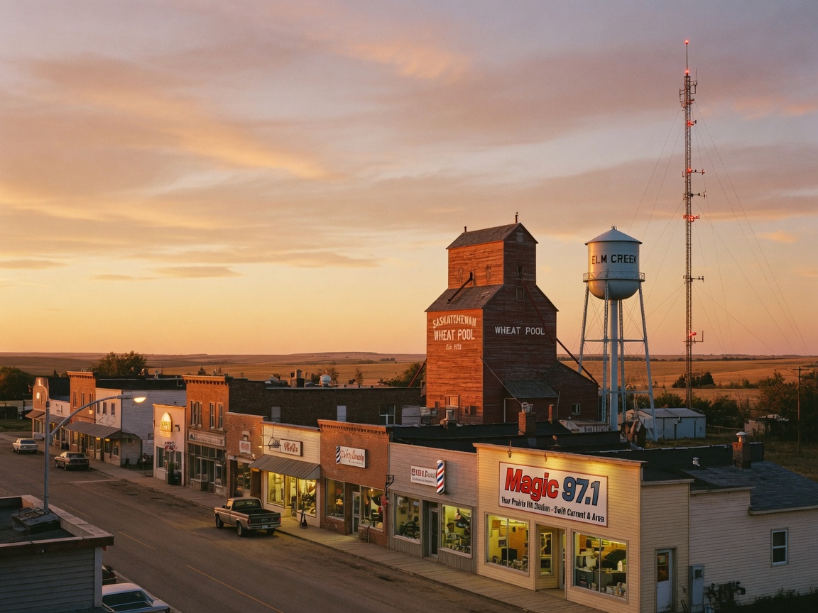 A small prairie town in Saskatchewan at golden hour with a radio tower and grain elevator