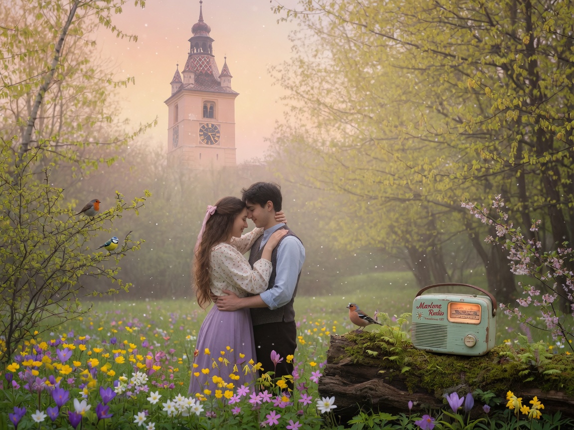 A romantic springtime forest clearing near Sibiu, Romania, with a vintage radio labeled Marlene Radio resting on a mossy log