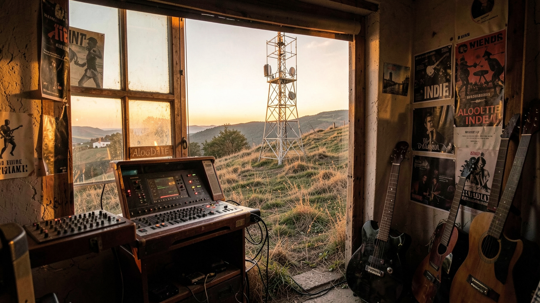 A small radio transmitter on a hill in the Vendée countryside with a sign reading Alouette Indie