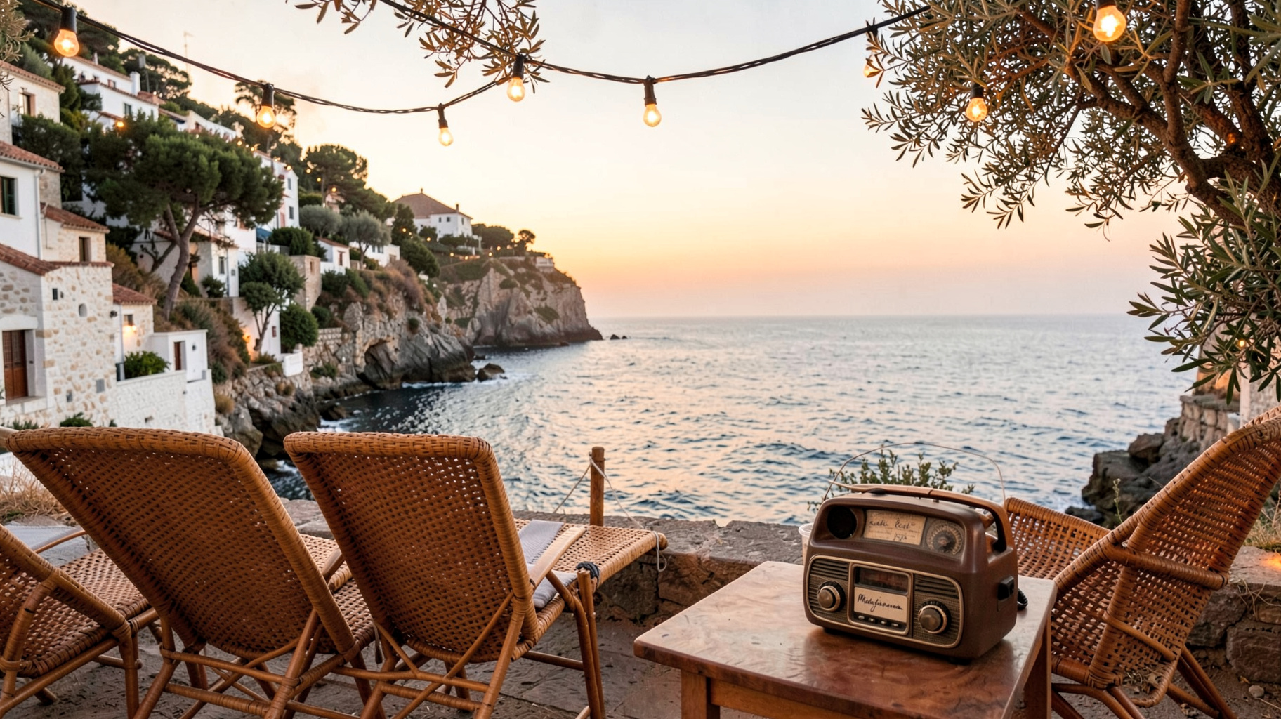 A tranquil Salento coastline at golden sunset with lounge chairs and a vintage radio labeled Radio Mediterranea
