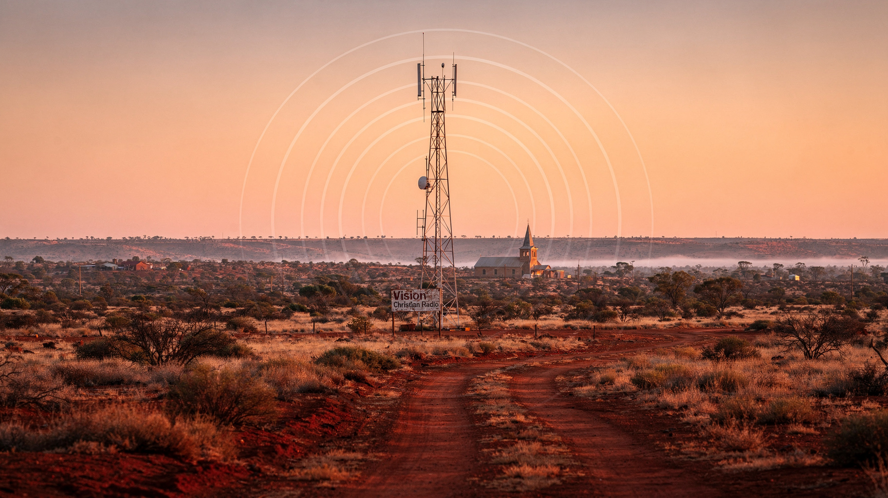 An Australian outback landscape at dawn with a radio tower and a sign reading Vision Christian Radio, inspired by Vision Christian Radio