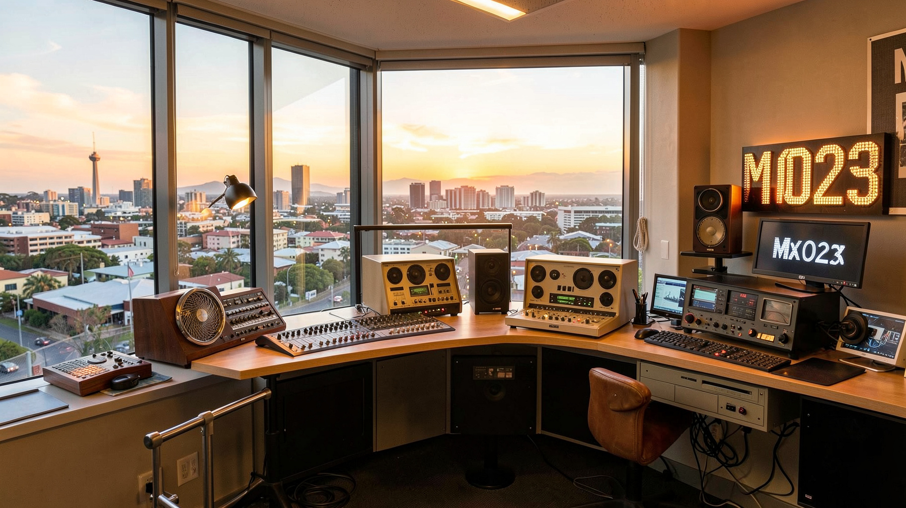 A modern radio studio in Adelaide overlooking the city skyline at sunset, with an illuminated sign reading Mix 102.3