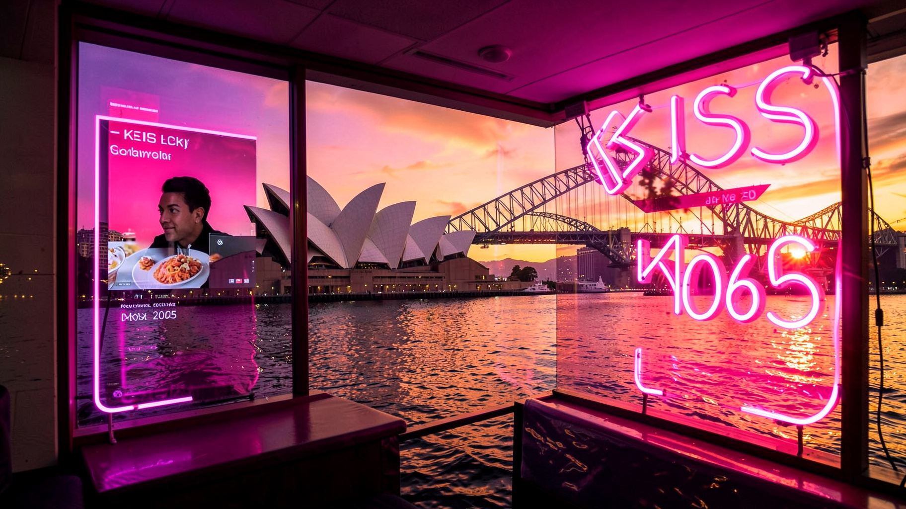 Sydney Harbour at sunrise with the Opera House and a radio studio window under a neon sign reading KIIS 1065