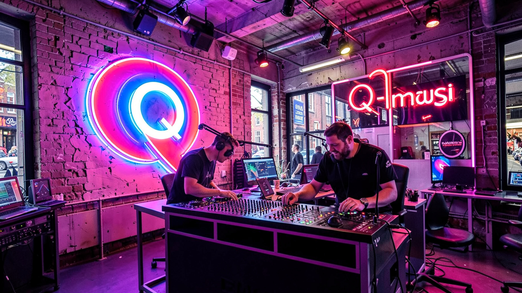 A colorful radio studio inside a converted Amsterdam factory with a glowing Q logo and a sign reading Q-music