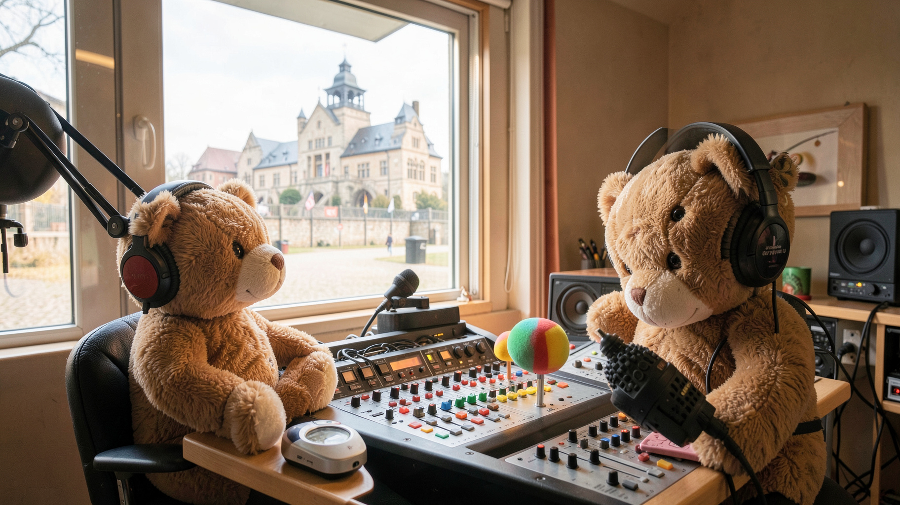 A plush teddy bear with headphones at a children