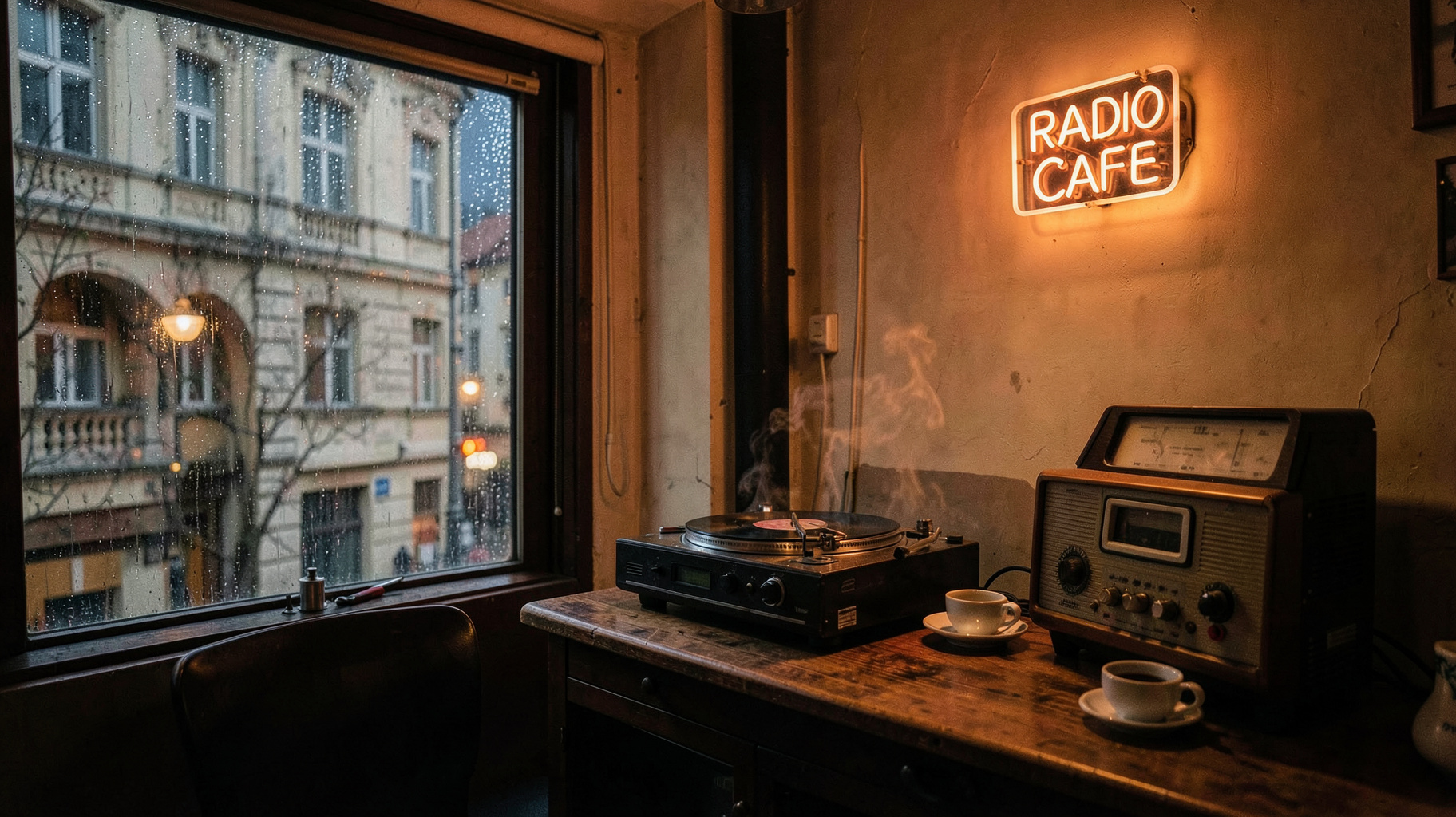 A cosy Bucharest cafe at night with a record player, coffee cups and a neon sign reading Radio Cafe