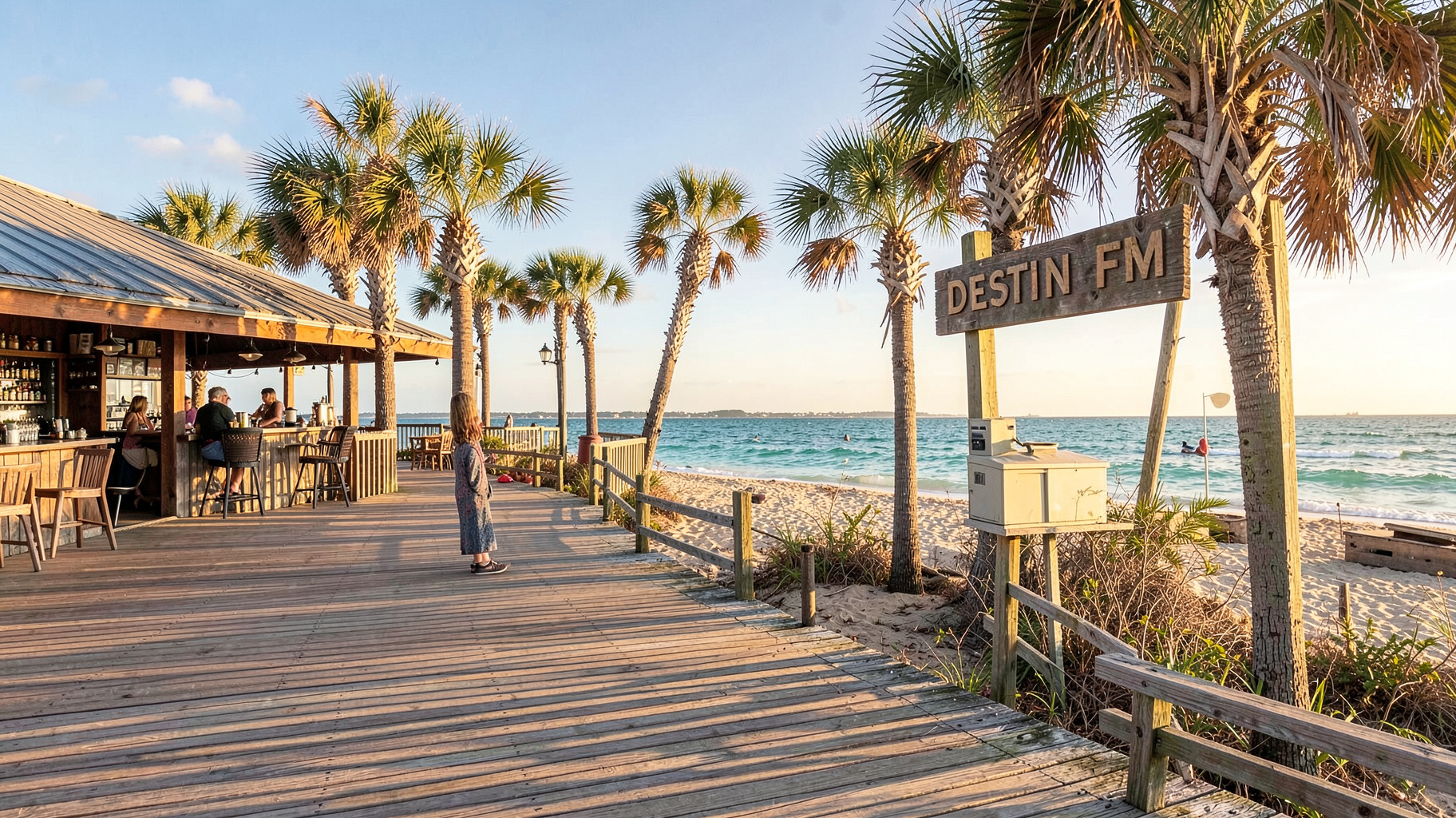 A sunny Destin Florida beach boardwalk with a wooden Destin FM sign near the water