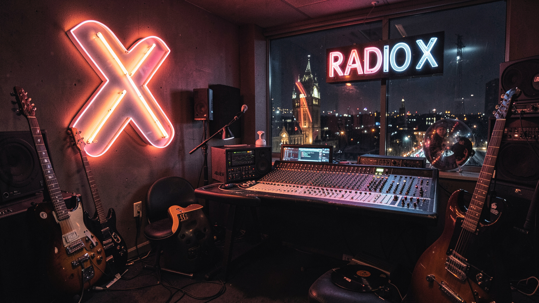 An energetic London radio studio at night with a glowing X logo and a sign reading Radio X