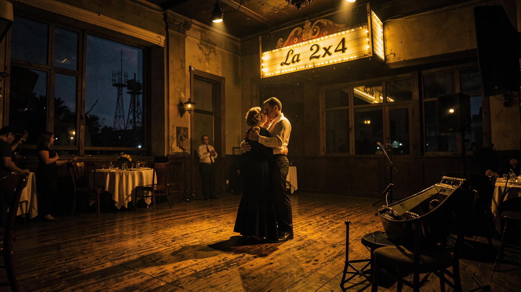 A Buenos Aires milonga dance hall at night with a couple dancing tango under warm stage light