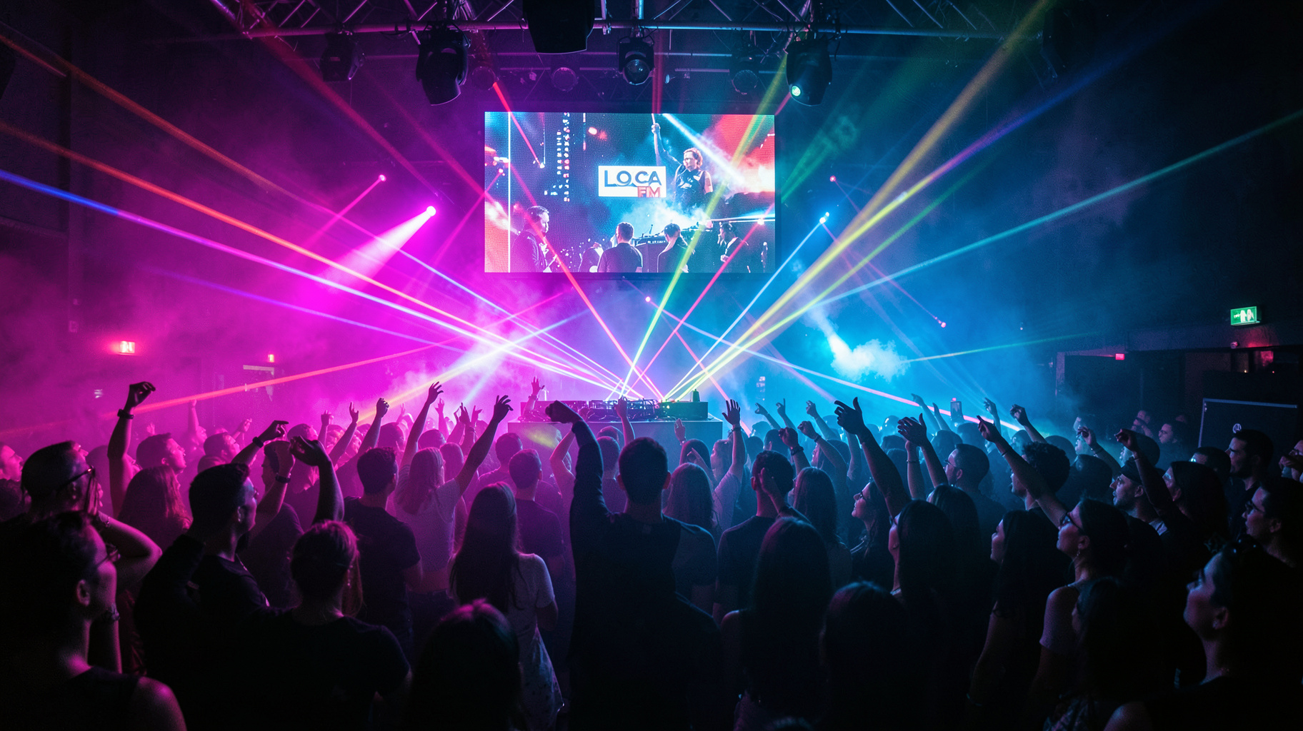 A packed Madrid nightclub dance floor lit by lasers under a Loca FM screen