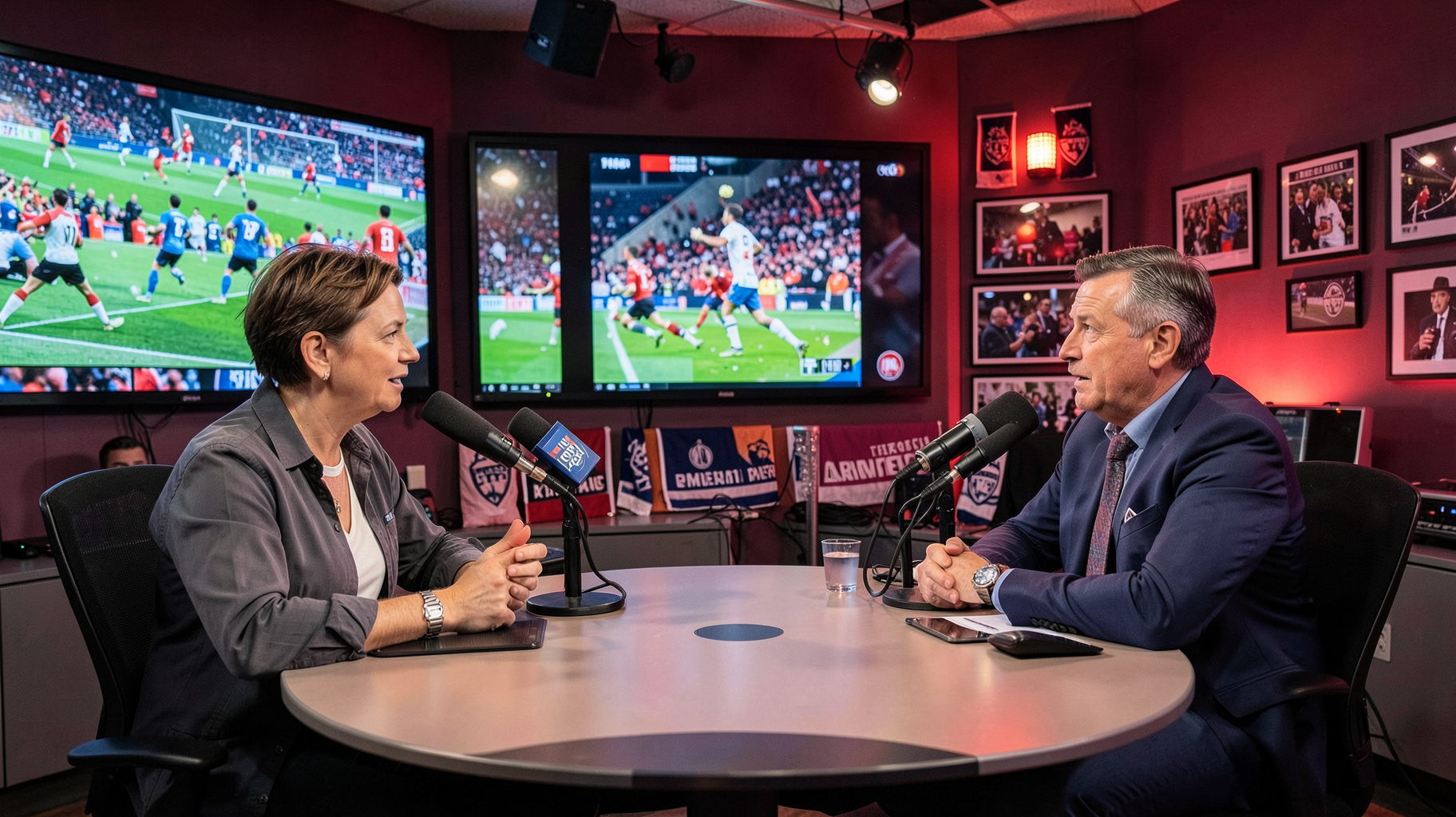 A bustling sports talk radio studio with football highlights on screen