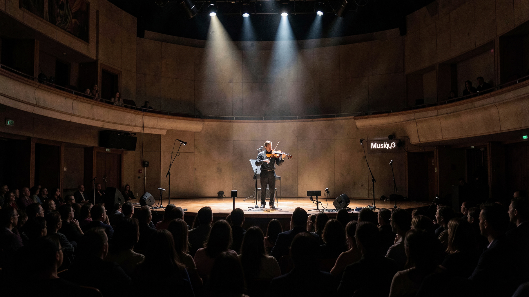 A solo violinist performing at Flagey concert hall in Brussels under dramatic spotlight