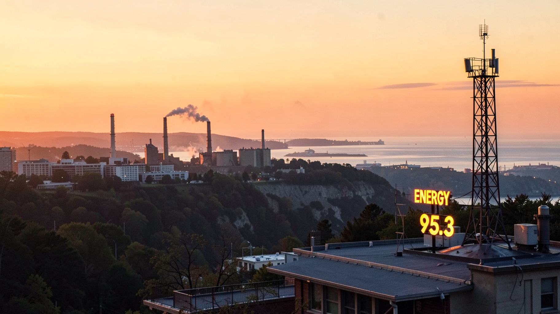 Hamilton, Ontario skyline at sunrise with steel mills and a radio tower