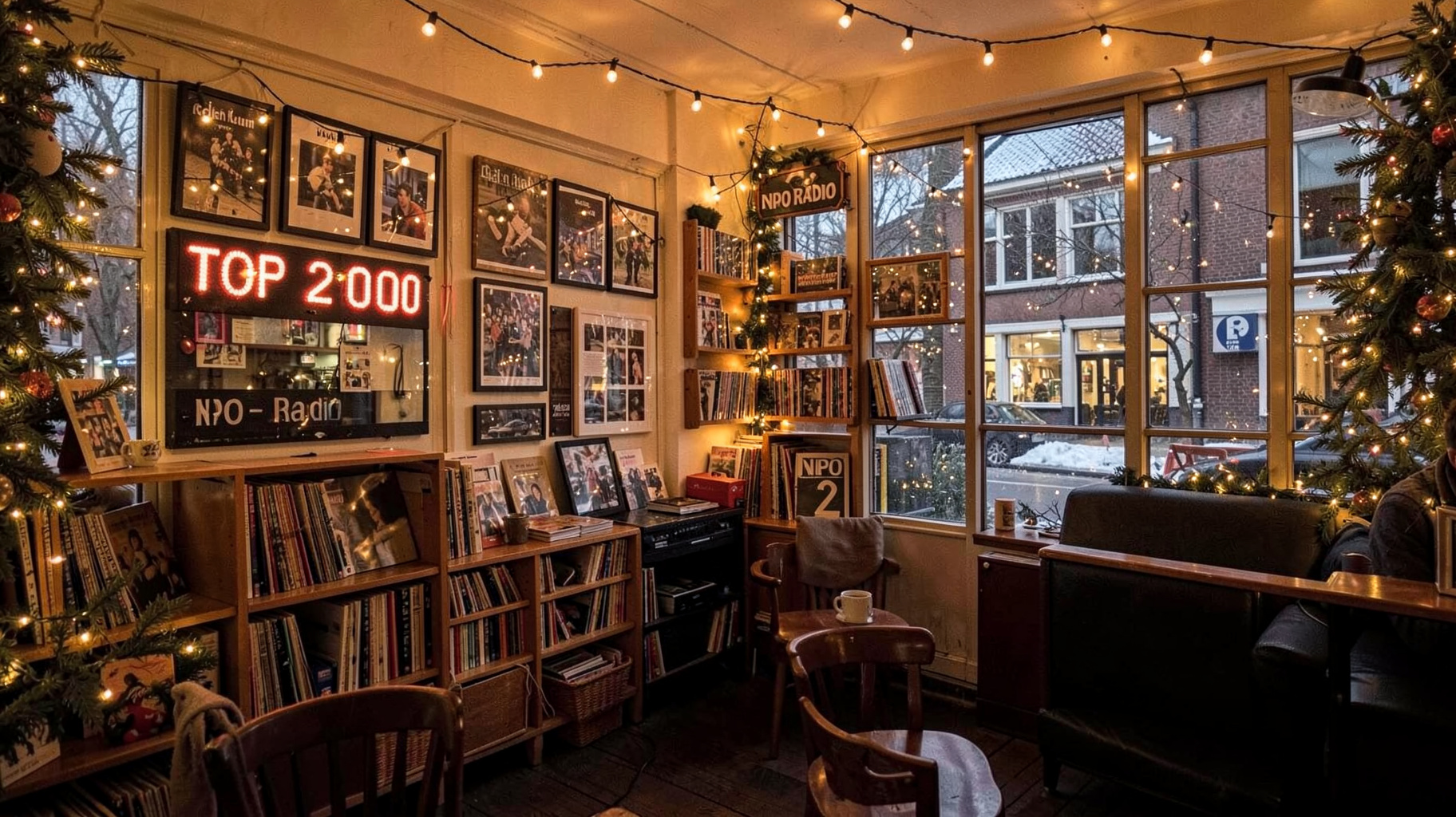 A cozy Dutch radio café decorated for the holidays with a countdown board reading Top 2000 and a sign reading NPO Radio 2