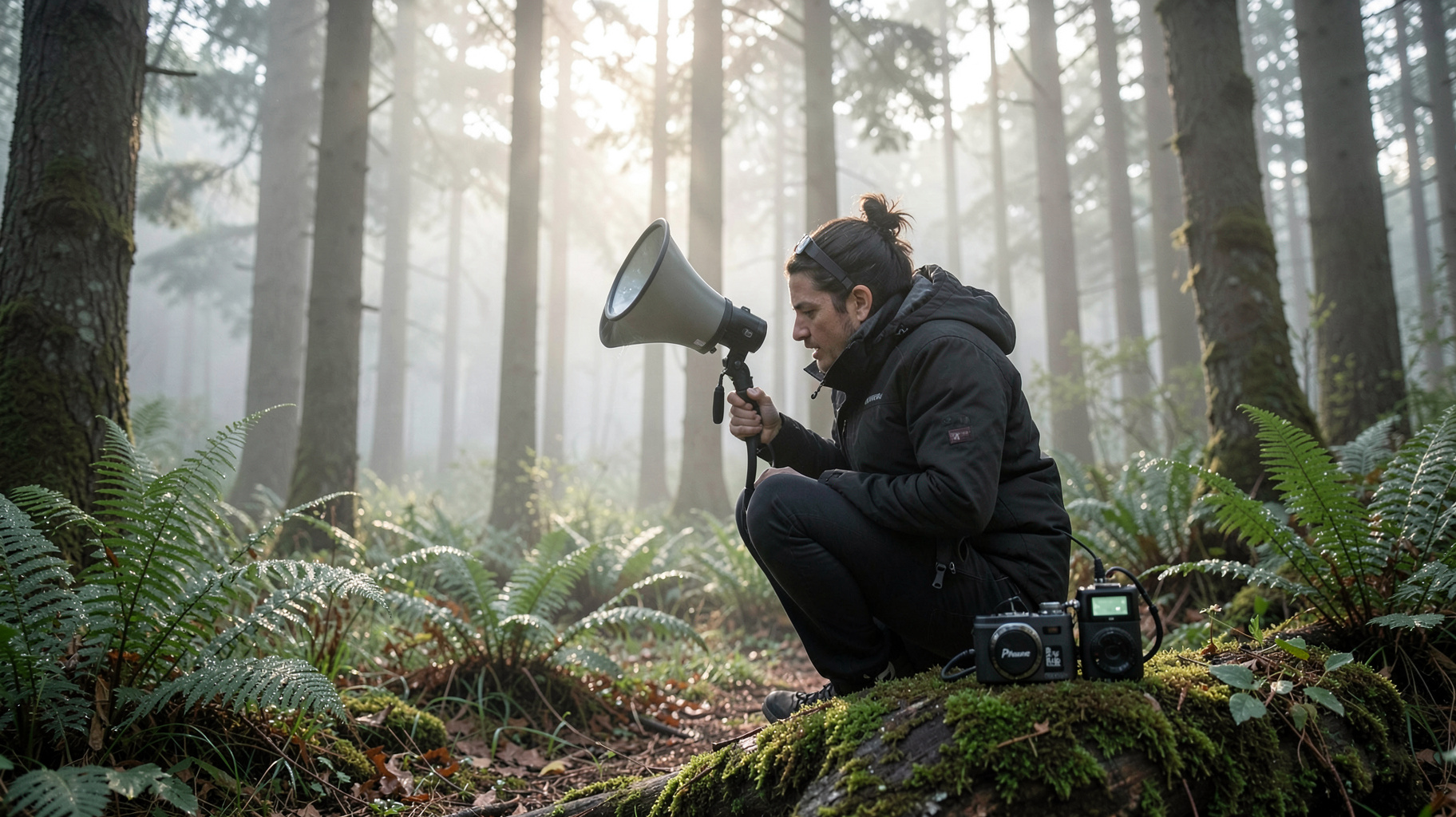 Field recordist in a misty French forest representing Phaune Radio