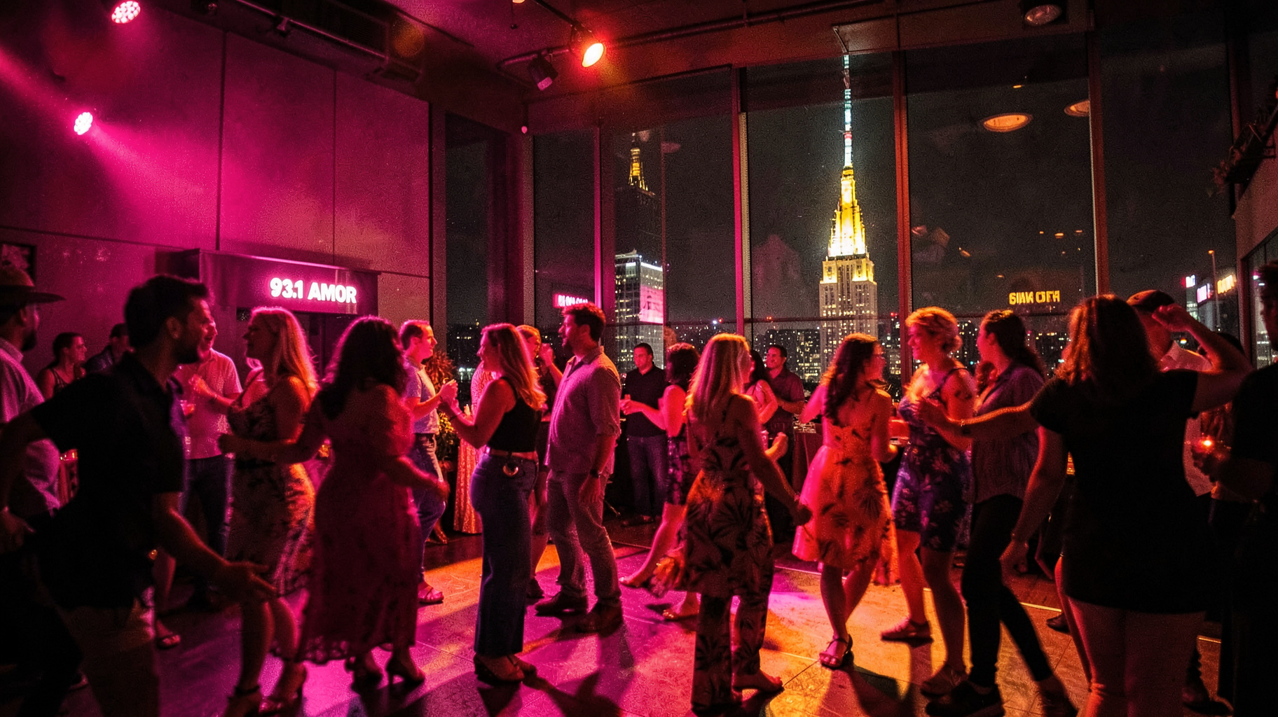 A vibrant New York salsa dance floor at night with the Empire State Building antenna in the background and a sign reading 93.1 Amor