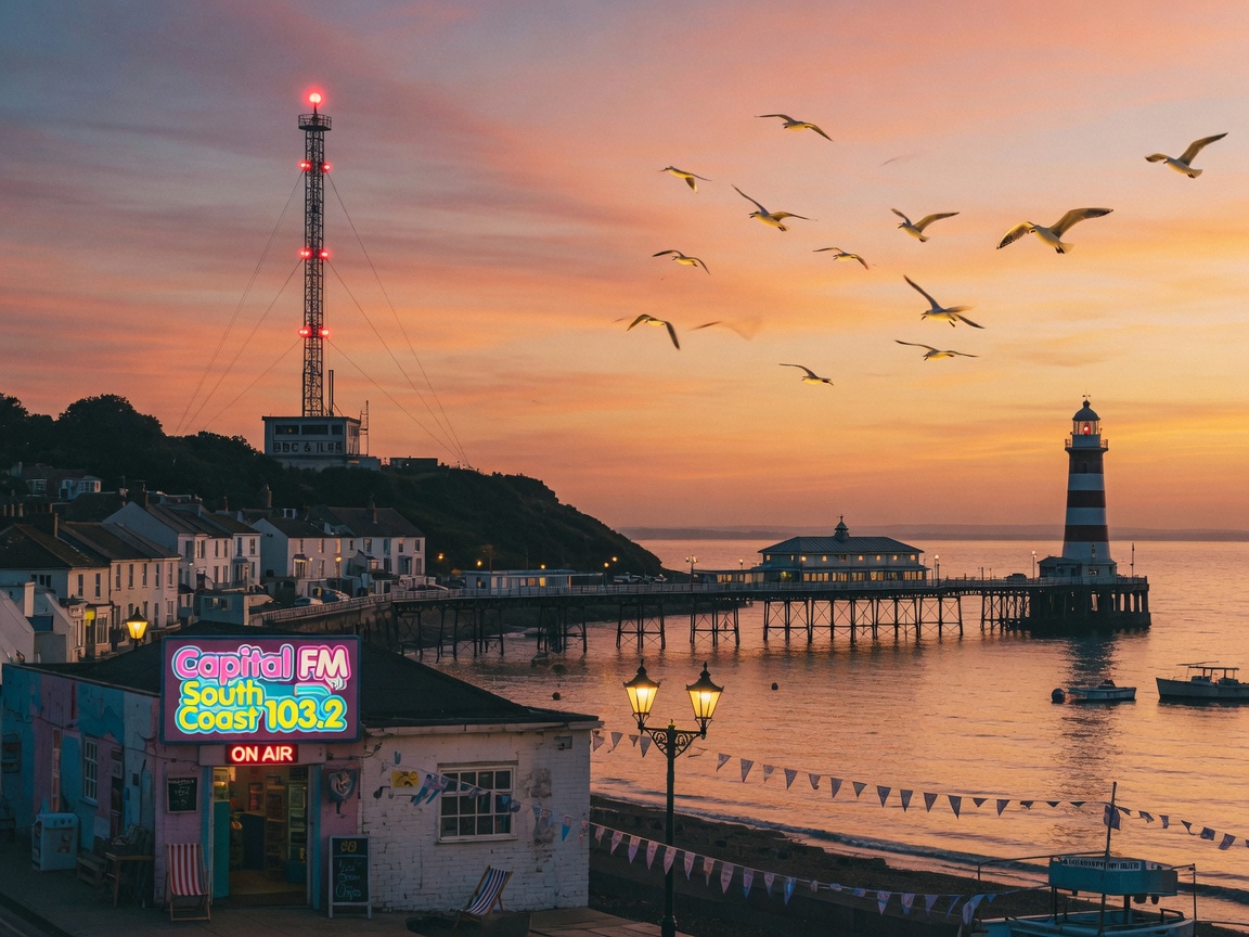 South coast England seaside townscape with a lighthouse and a Capital FM South Coast 103.2 sign