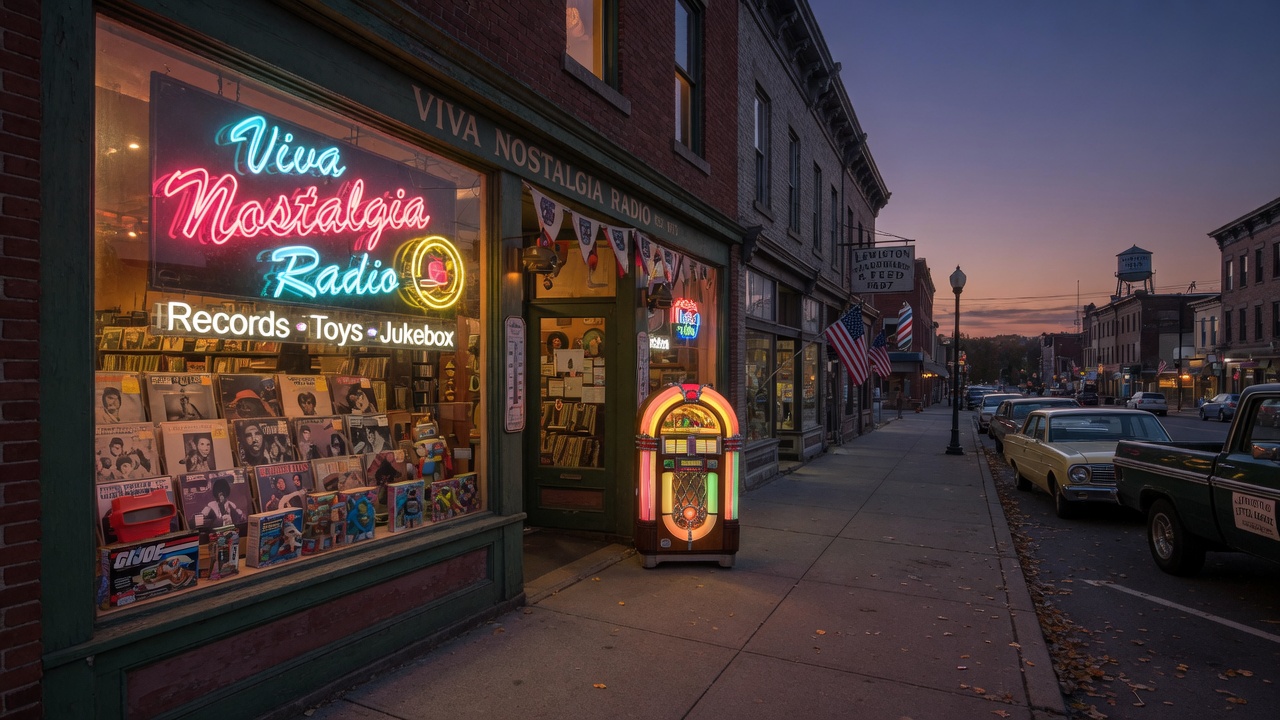 A nostalgic small-town Lewiston, New York storefront glowing at dusk with neon Viva Nostalgia Radio signage and vintage records in the window
