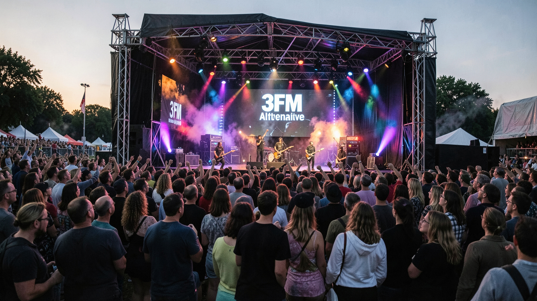 A lively Dutch music festival crowd at dusk with a stage screen reading 3FM Alternative