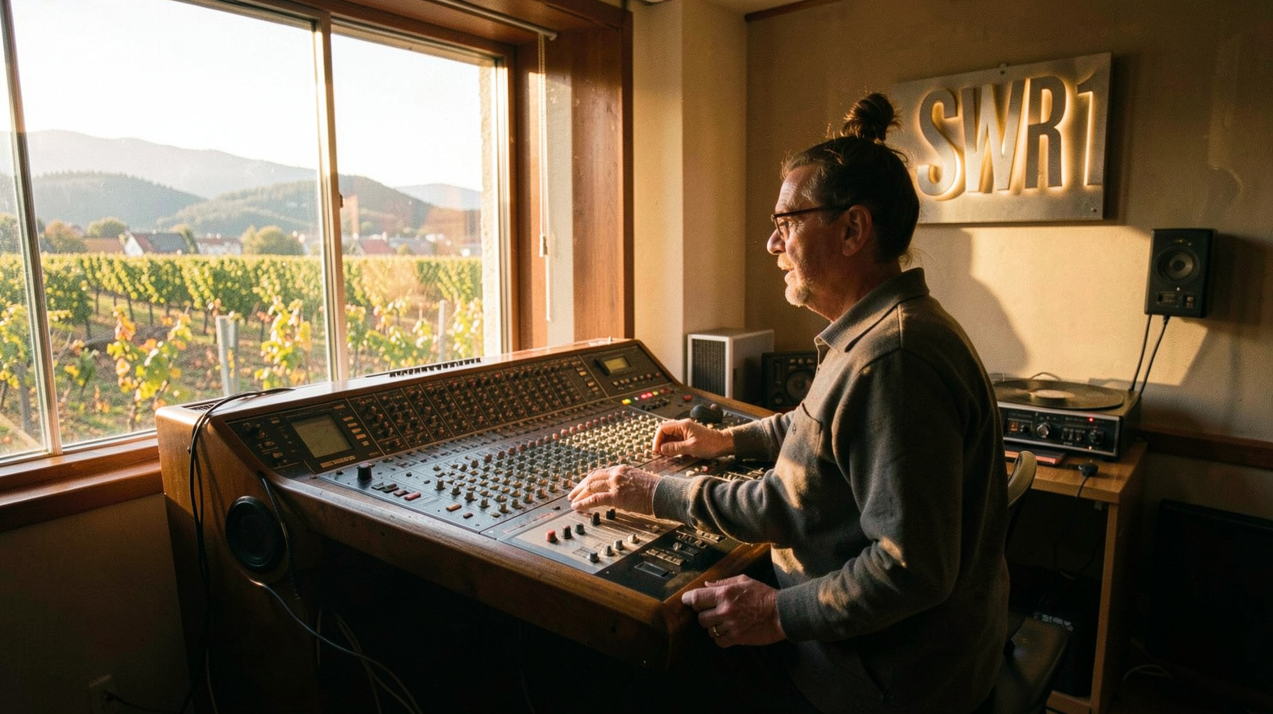 Radio studio in Stuttgart overlooking vineyard hills representing SWR1 Baden-Württemberg