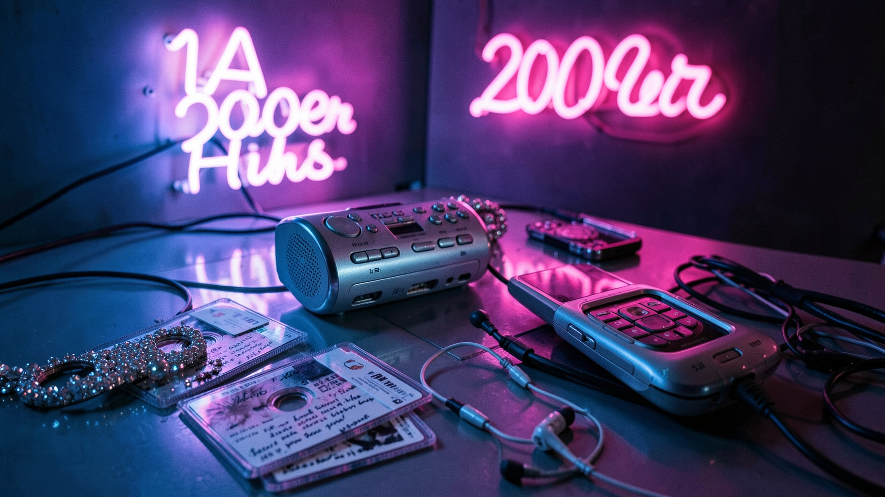 A nostalgic Y2K still life with an mp3 player, burned CDs, and a flip phone lit by neon signage reading 1A 2000er Hits