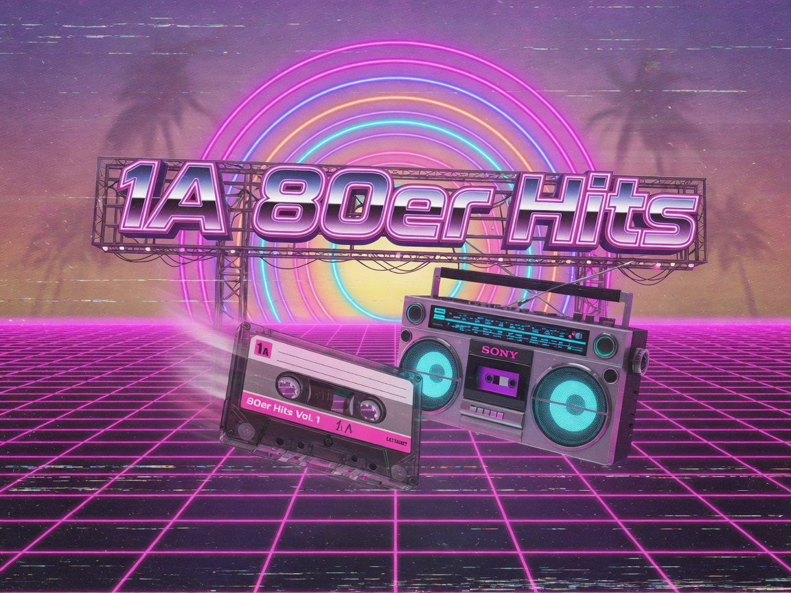 Neon synthwave scene with a glowing 1A 80er Hits marquee sign and retro cassette tape, evoking 1980s Germany