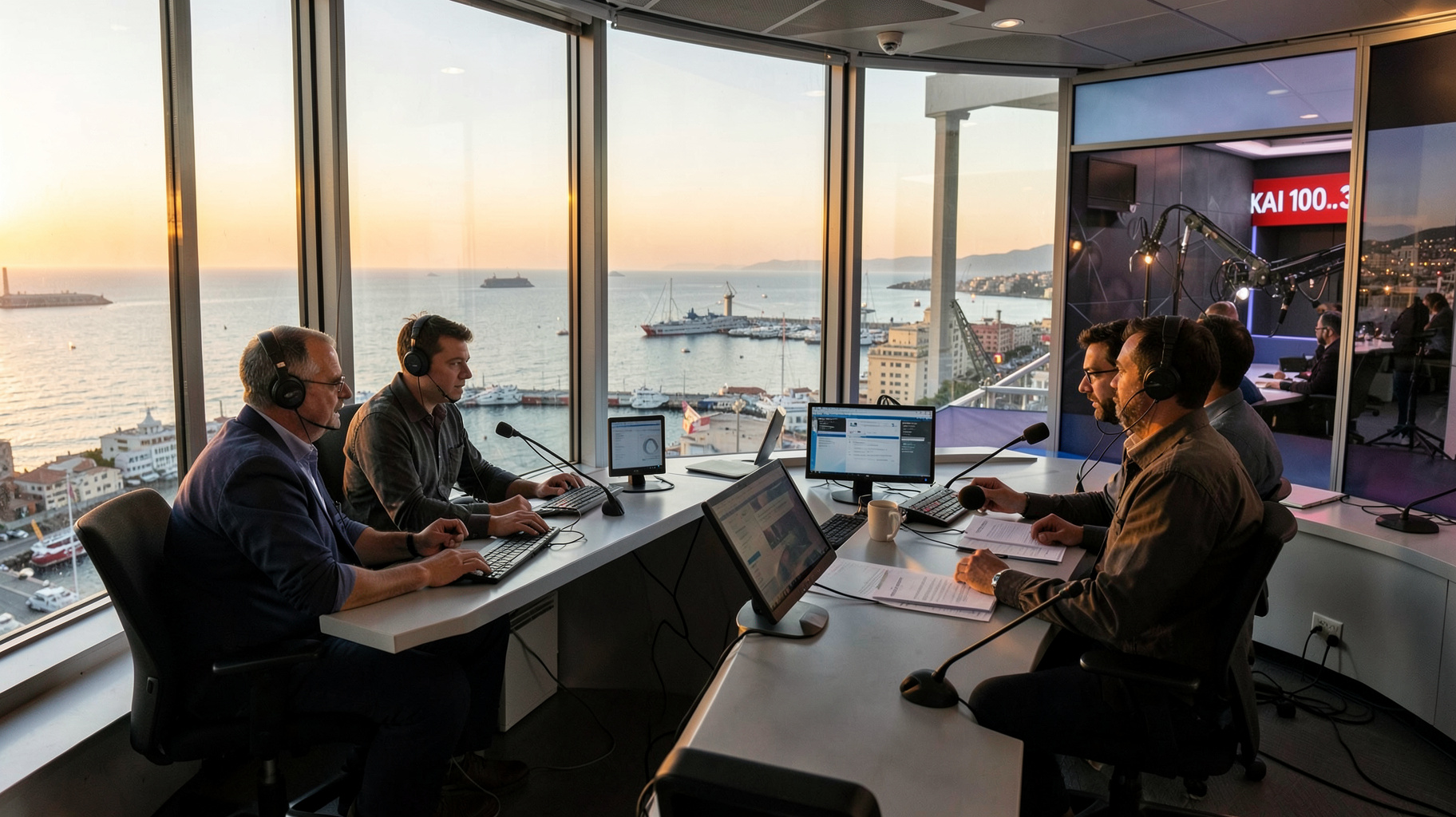 A Greek radio newsroom in Piraeus overlooking the sea
