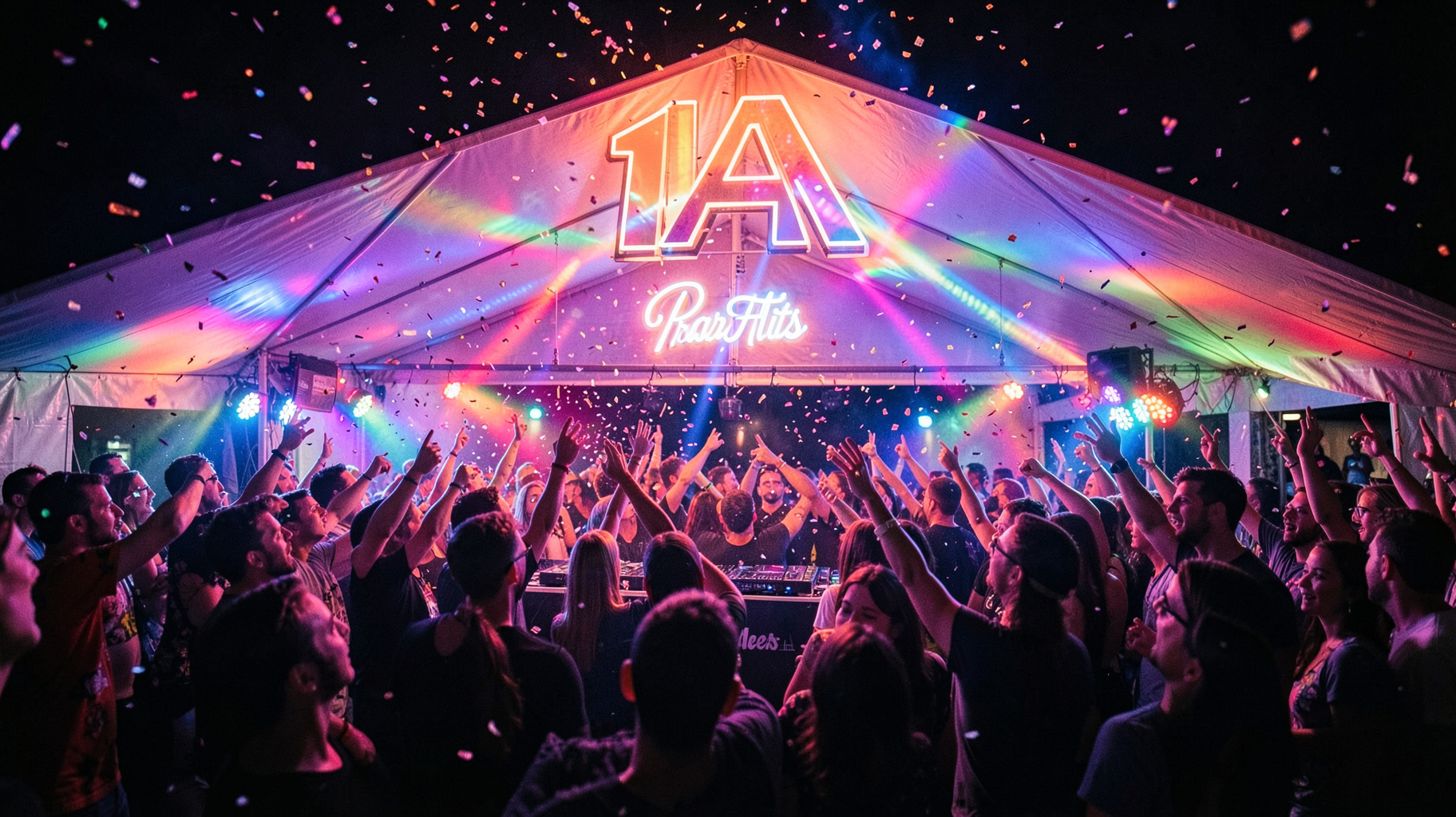 A packed German party tent at night with a glowing 1A Party Hits sign above the DJ booth