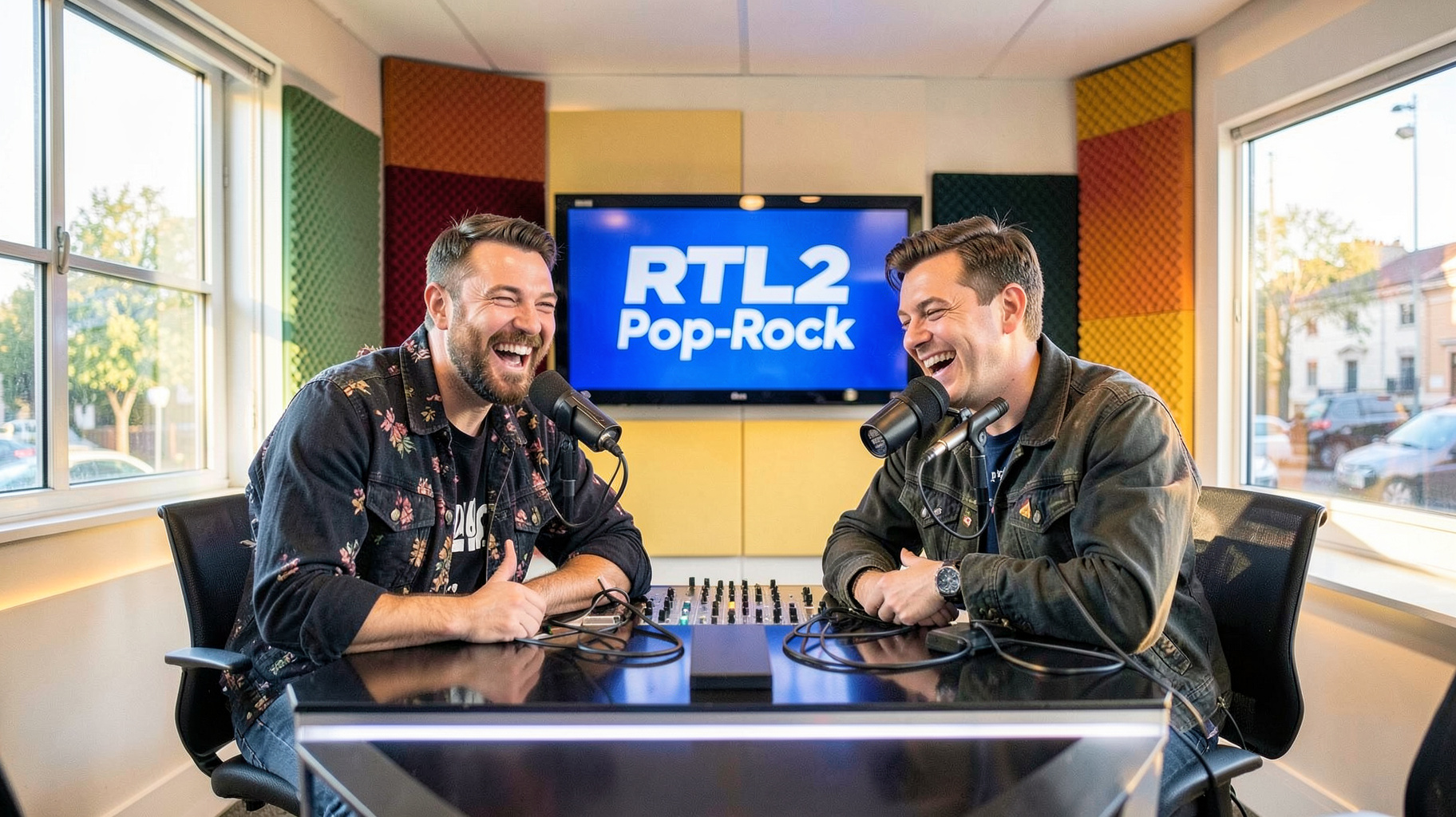 A bright Parisian radio studio with an RTL2 pop-rock morning show