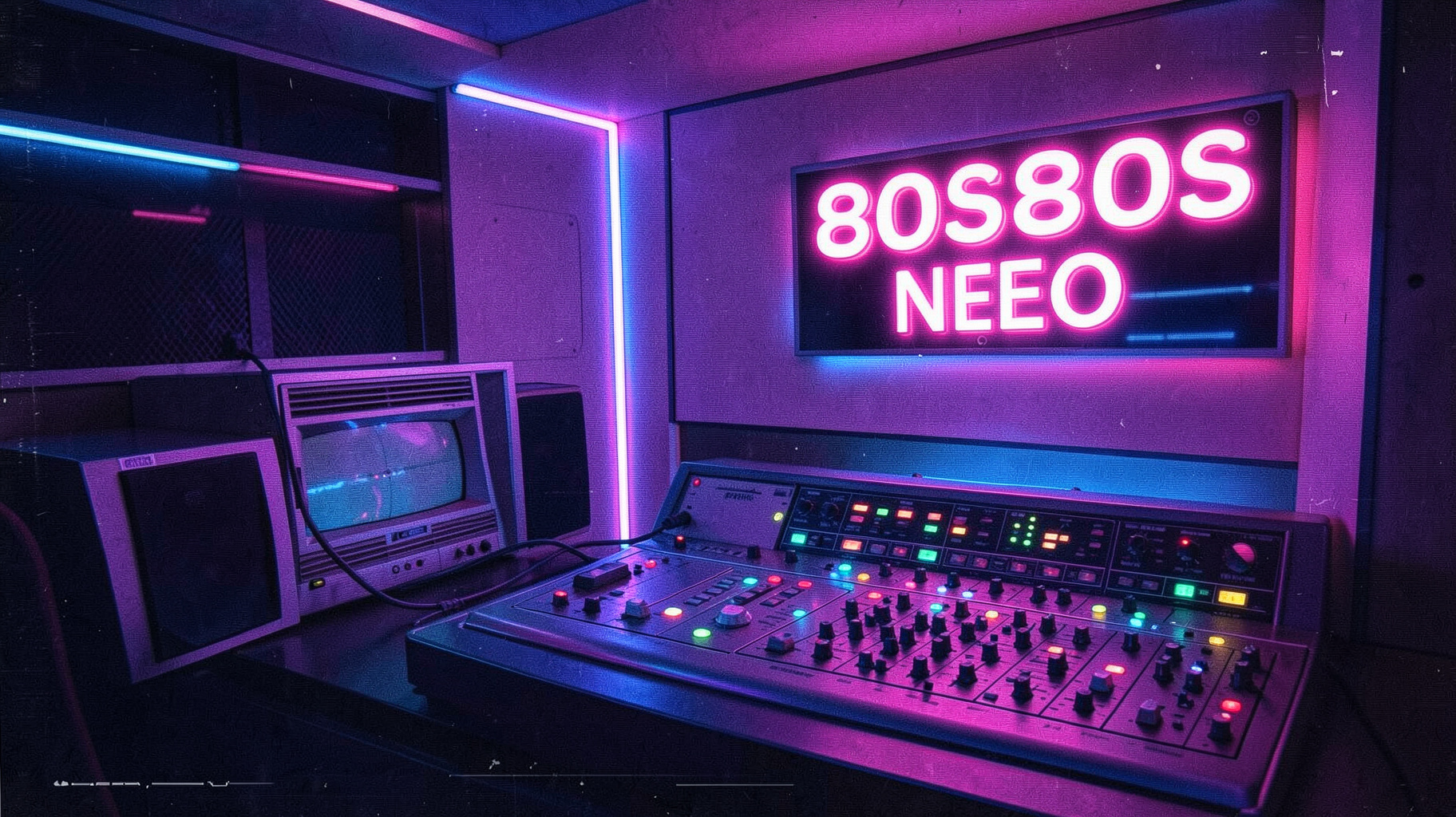 A neon-lit 1980s radio broadcast booth with a synth-wave sign reading 80s80s Neo