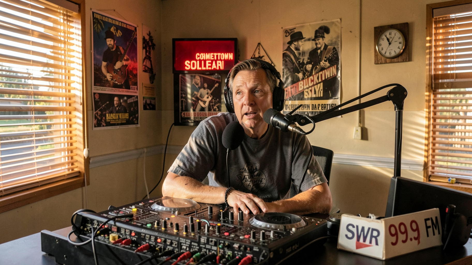 A volunteer DJ inside a community radio broadcast booth in suburban Blacktown, Sydney, with local band posters on the wall