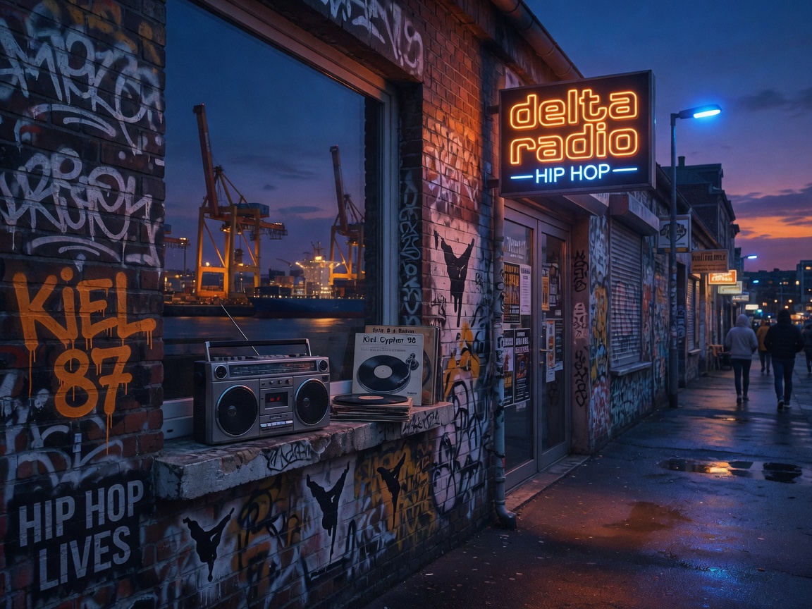 A moody urban street scene in Kiel, Germany at dusk with graffiti-covered brick walls and a glowing storefront sign reading delta radio HIP HOP