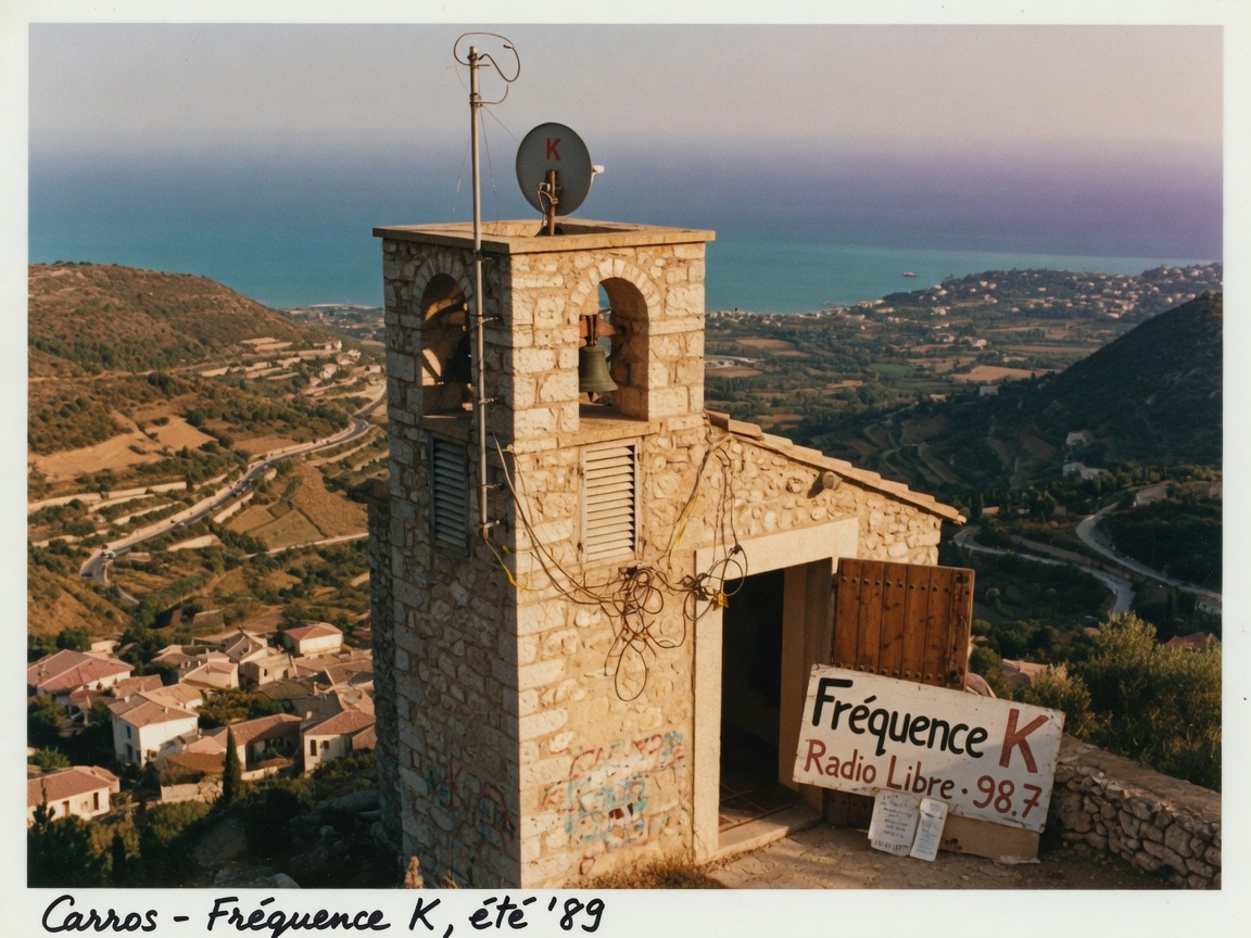 A sunlit stone church bell tower in Carros, France with a makeshift radio antenna and a Fréquence K sign