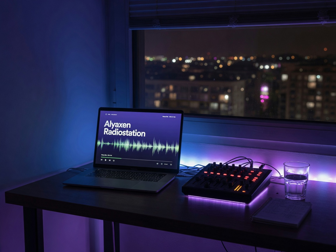 A late-night home internet radio setup with a screen reading Alyaxen Radiostation, inspired by Alyaxen Radiostation