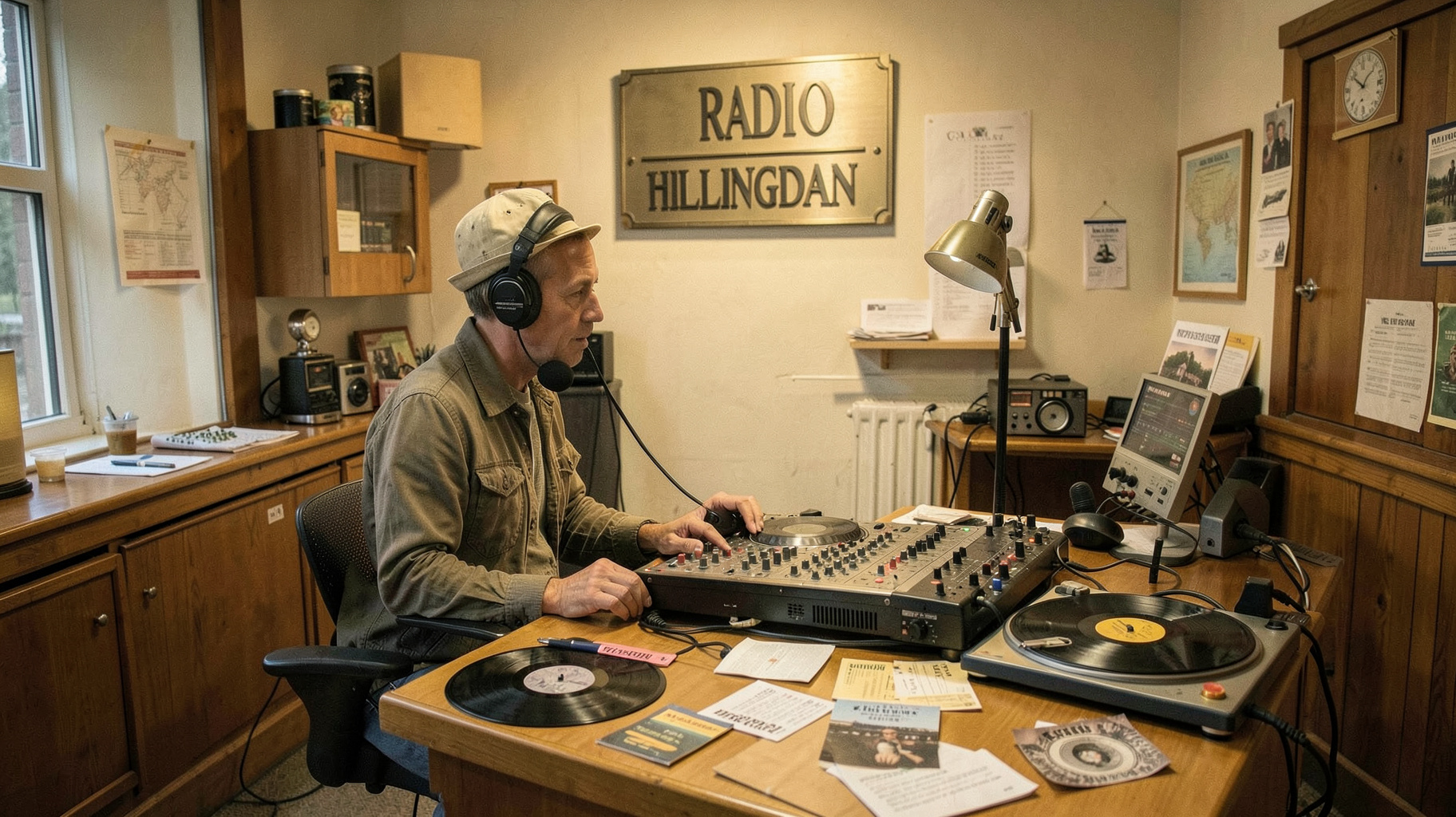 A cozy hospital radio studio with a volunteer DJ at a mixing desk and a Radio Hillingdon wall plaque