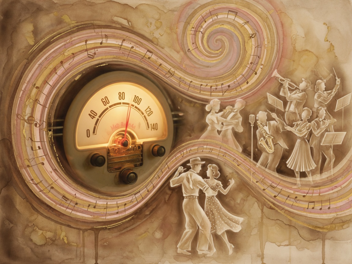 Abstract sepia sound waves with faded dancing figures, evoking M4D Radio 40s big band memories