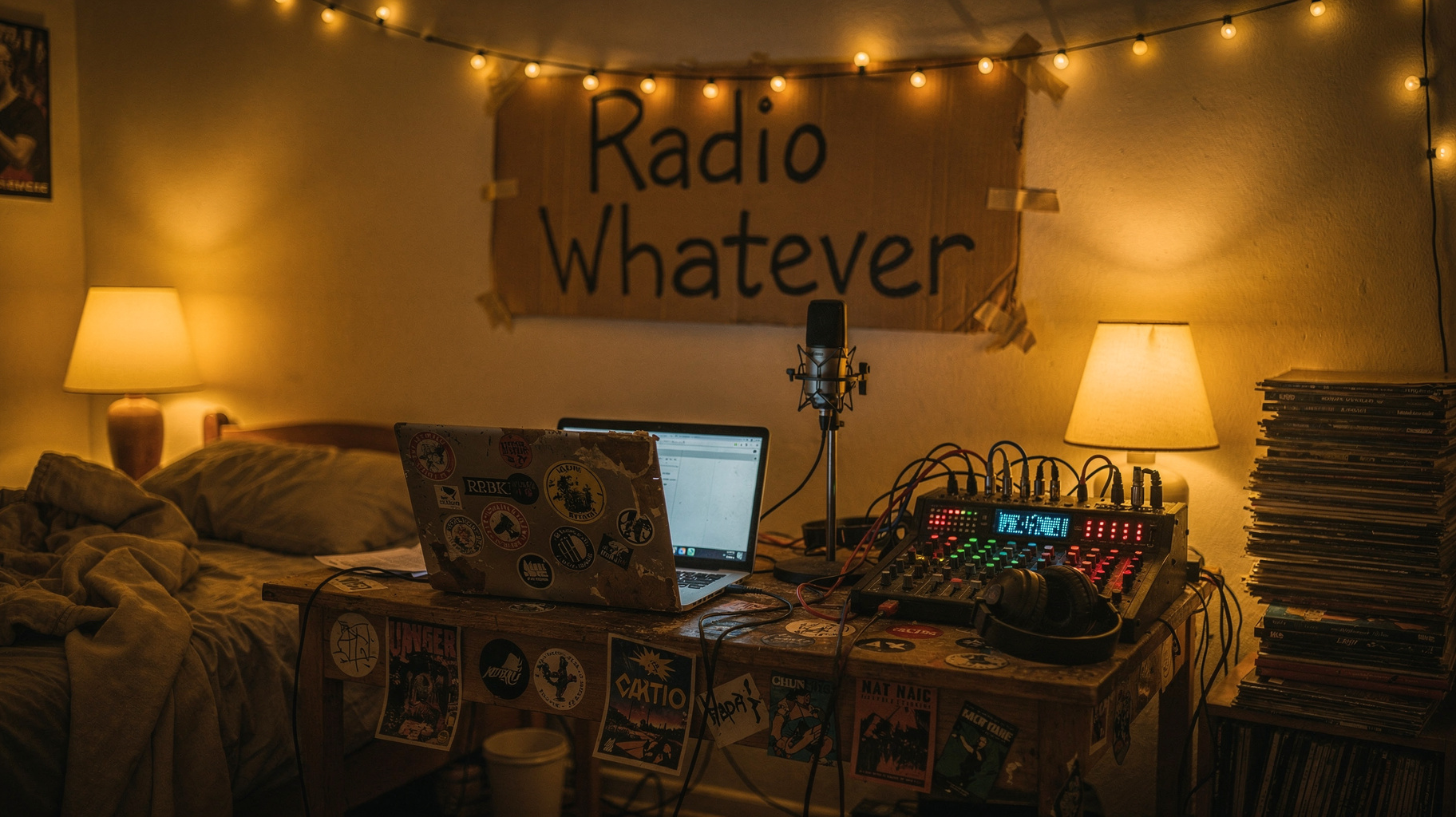 A cozy DIY bedroom radio studio at night with string lights and a handwritten sign reading Radio Whatever, inspired by Radio Whatever