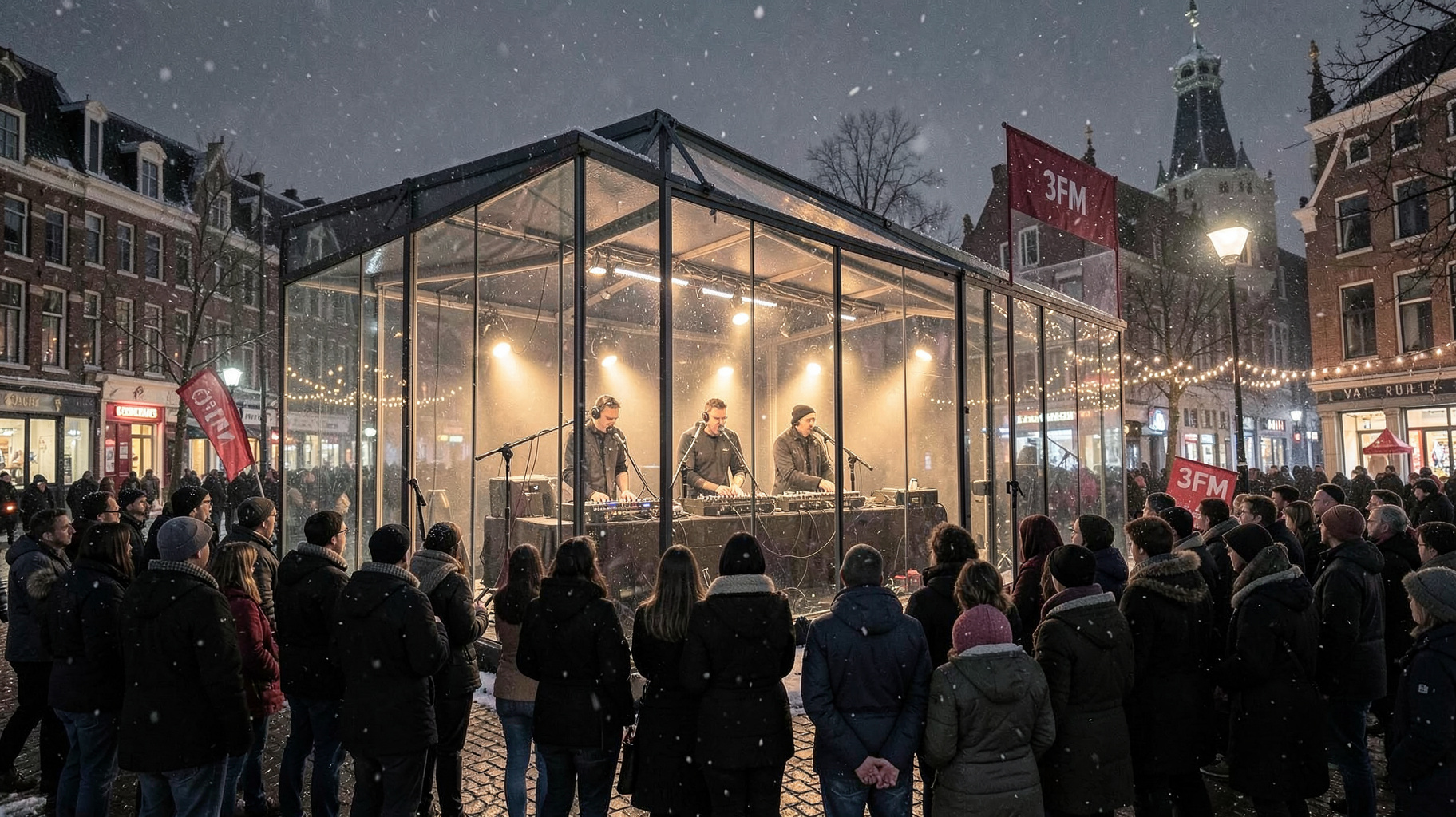 The Serious Request Glass House on a Dutch city square at night with DJs inside and a 3FM banner
