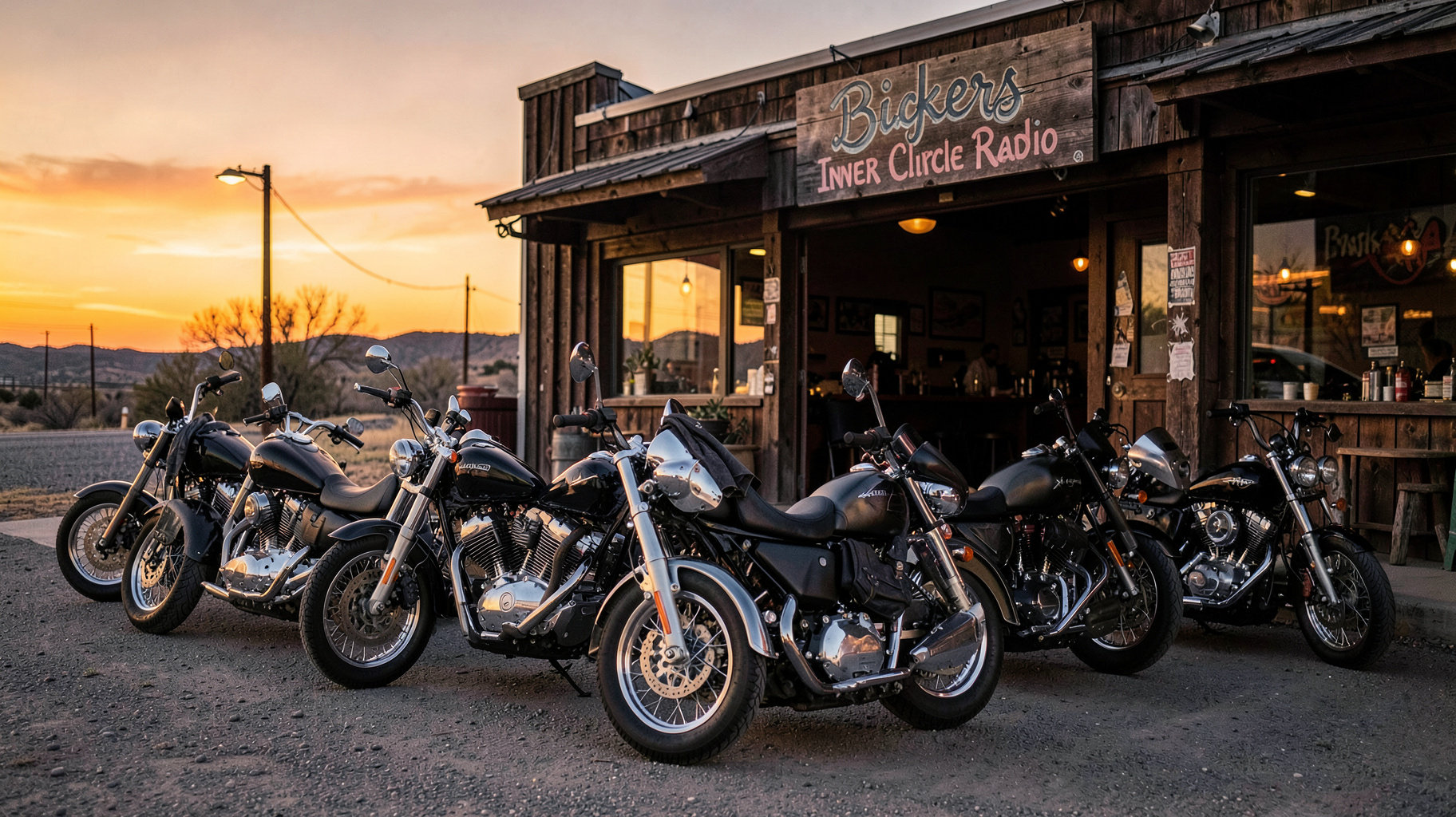 Chrome motorcycles parked outside a roadside bar at sunset with a Bikers Inner Circle Radio sign