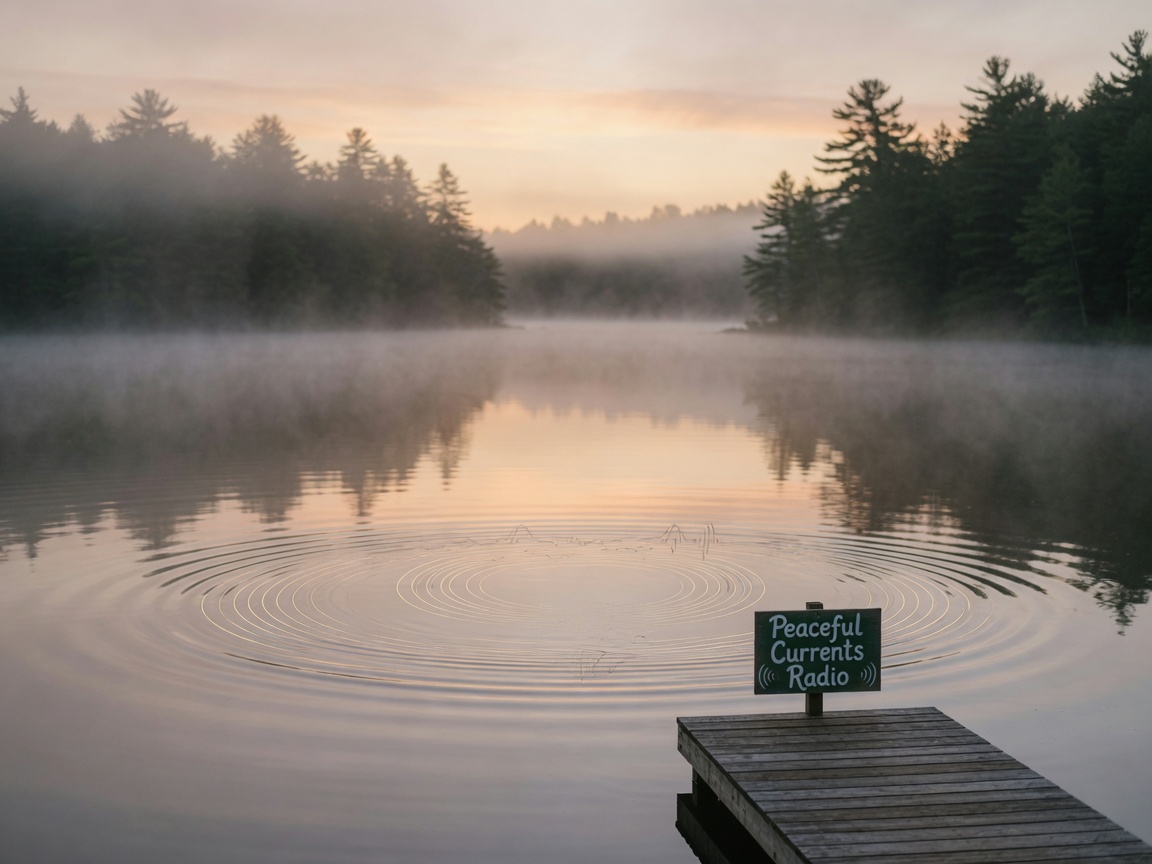 A serene misty lake at sunrise in the Canadian wilderness with gentle ripples on the water and a wooden dock sign reading Peaceful Currents Radio