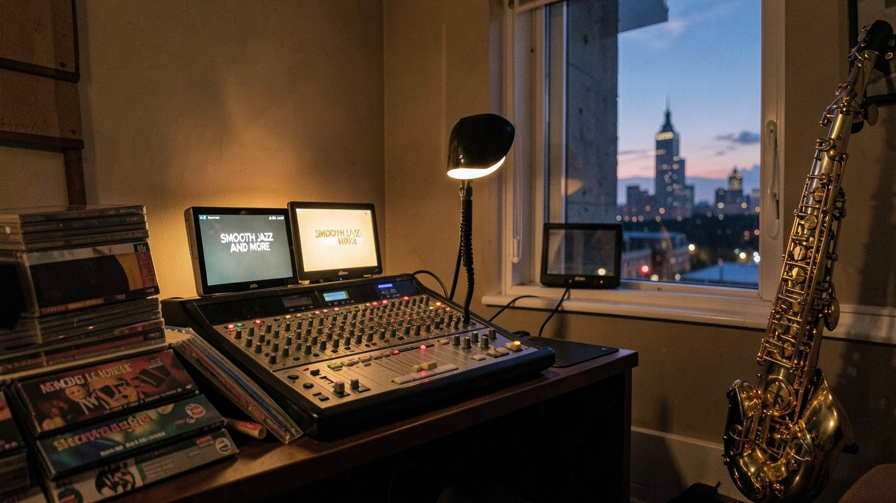 A cozy home radio studio at night with a vintage microphone, jazz records, and a saxophone