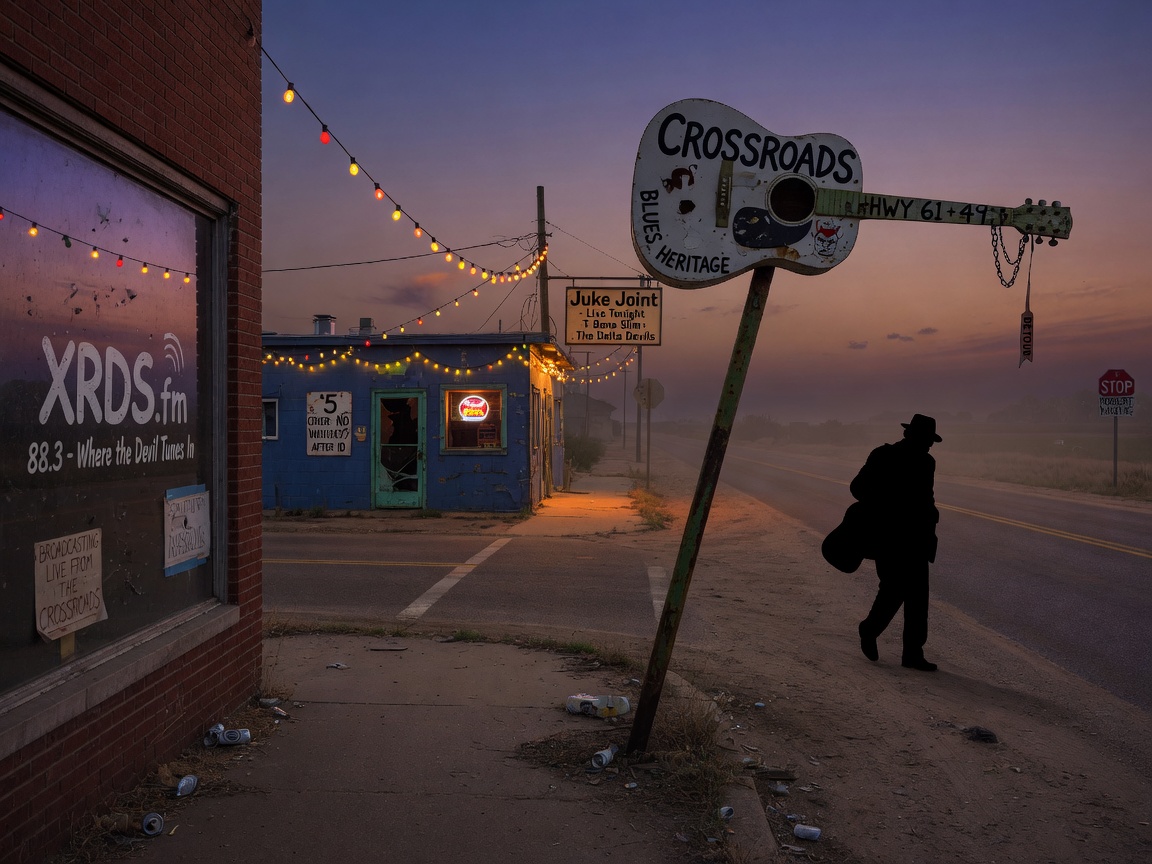 A dusty Mississippi Delta crossroads at twilight with a guitar-shaped highway sign and a storefront reflecting XRDS.fm