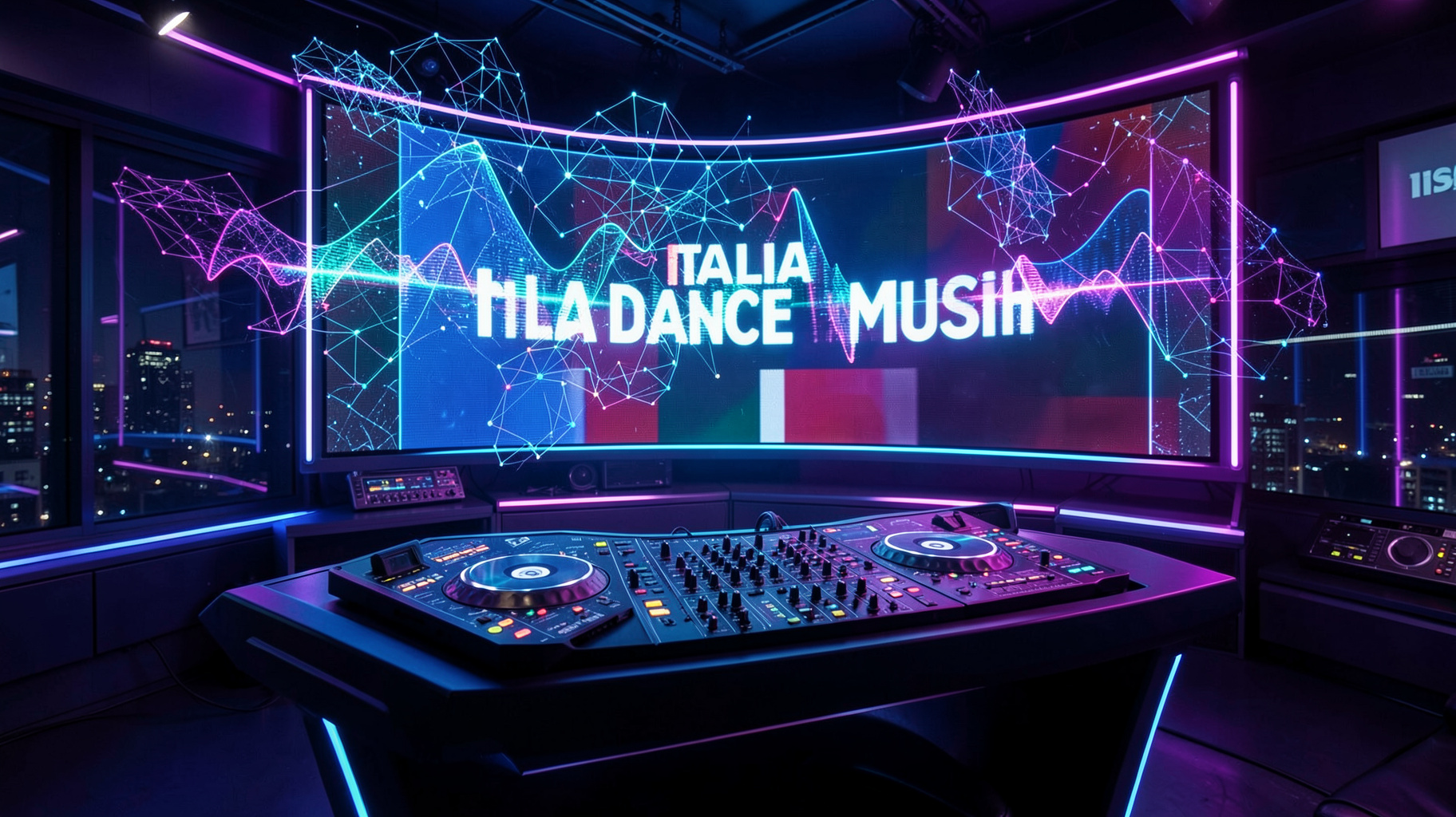 A futuristic radio studio with glowing holographic sound waves and a screen reading Italia Dance Music