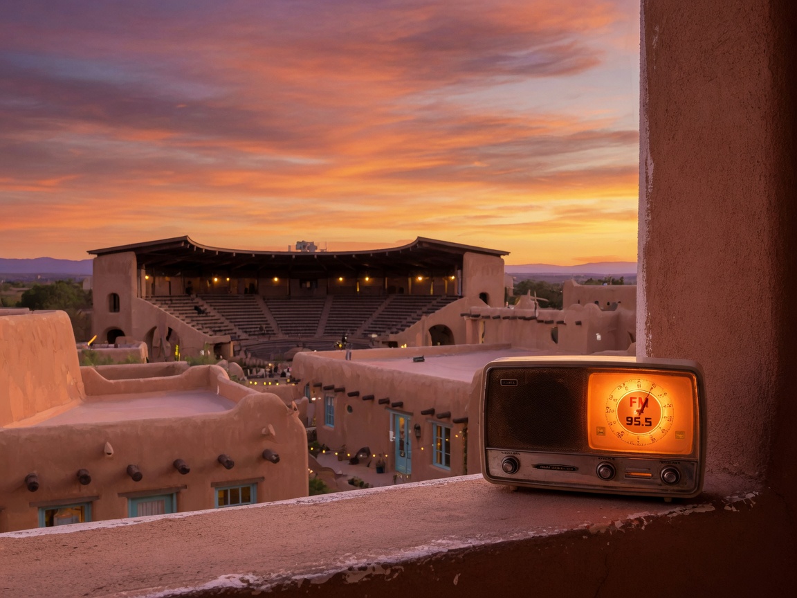 A high desert sunset over Santa Fe, New Mexico, with adobe silhouettes and a vintage radio dial glowing KHFM 95.5