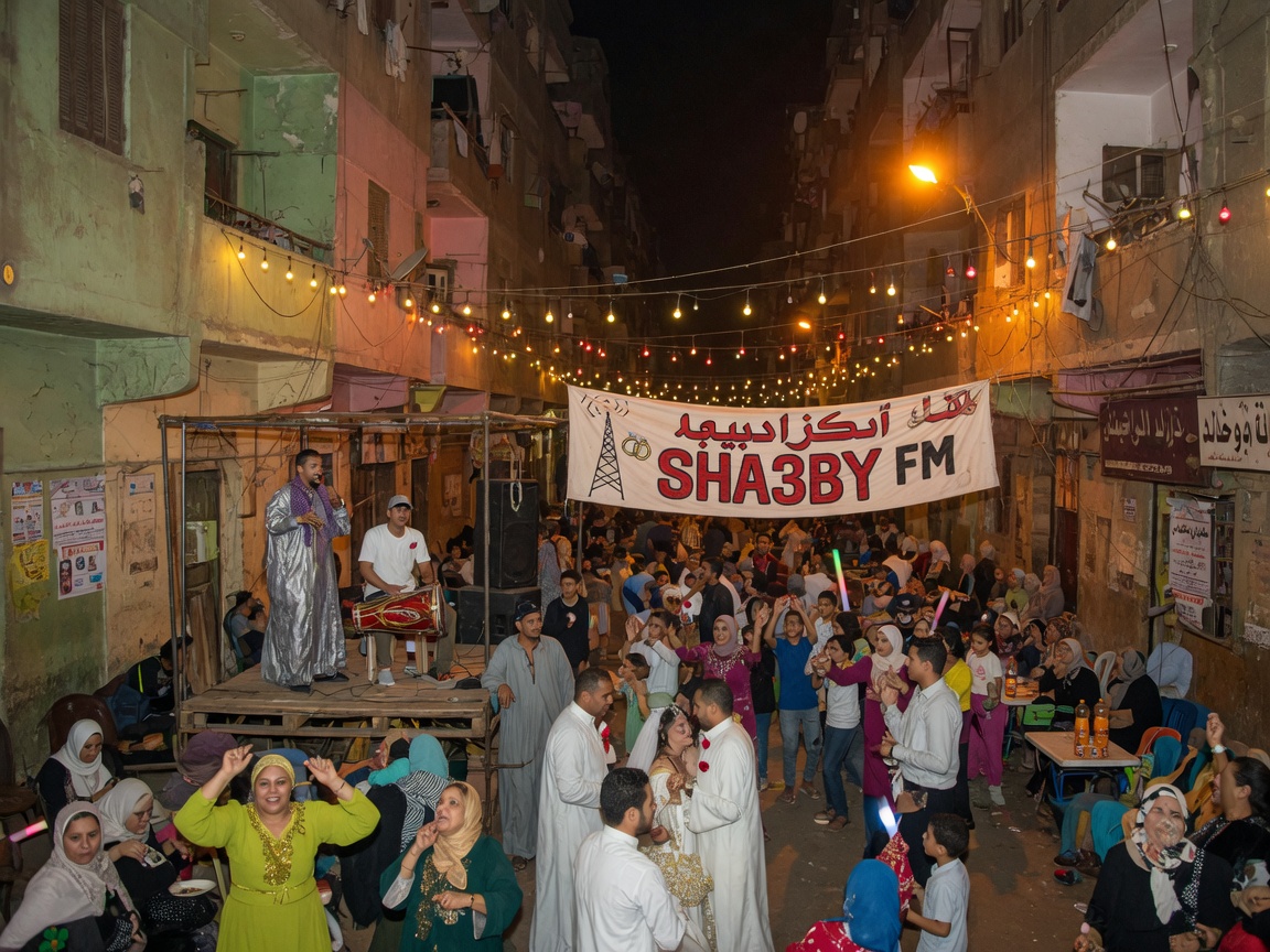 A Cairo street wedding at night with string lights, a singer on a small stage, and a banner reading SHA3BY FM, inspired by SHA3BY FM